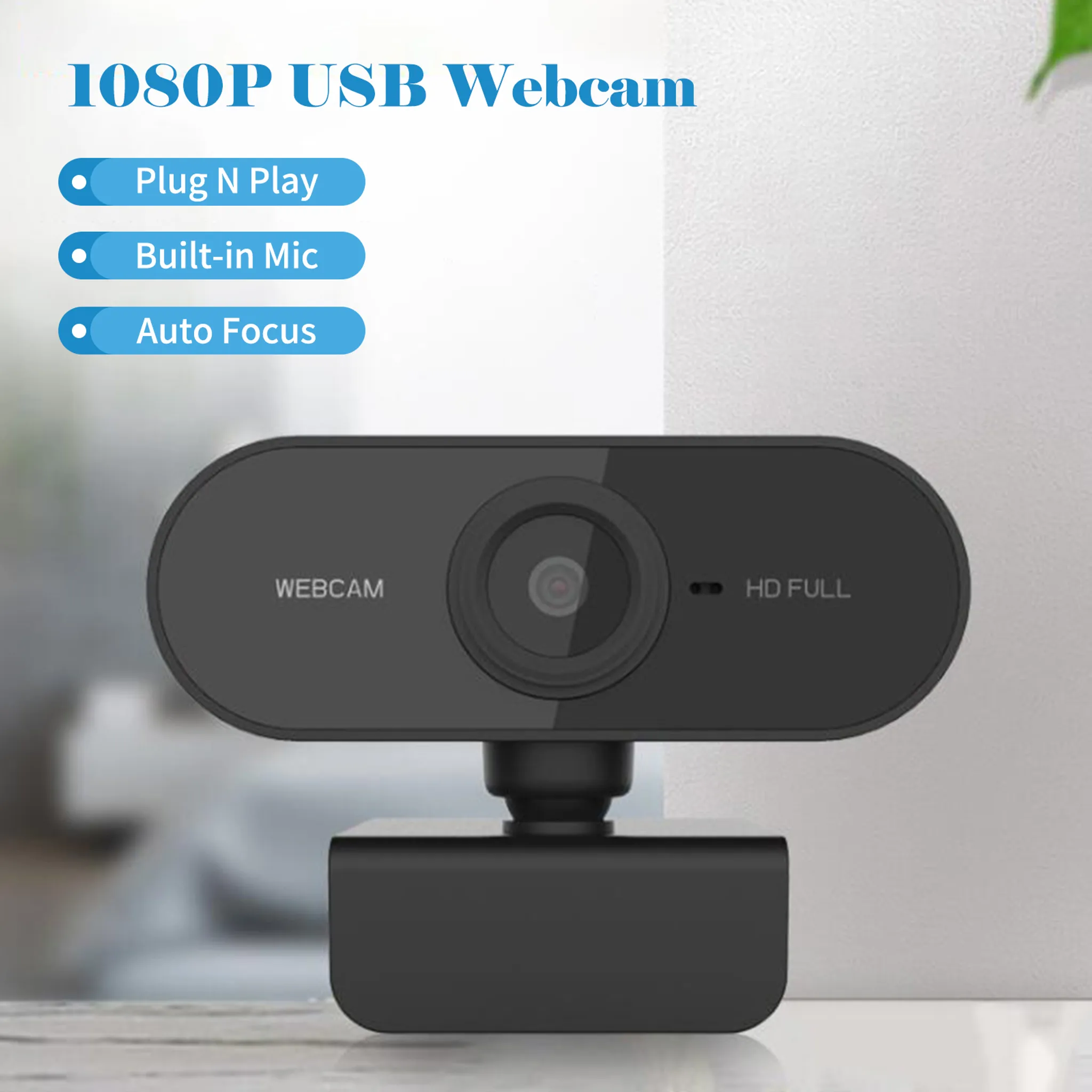 Eine schwarze Webcam mit der Aufschrift „WEBCAM“ mit Plug-and-Play, eingebautem Mikrofon und Autofokus.