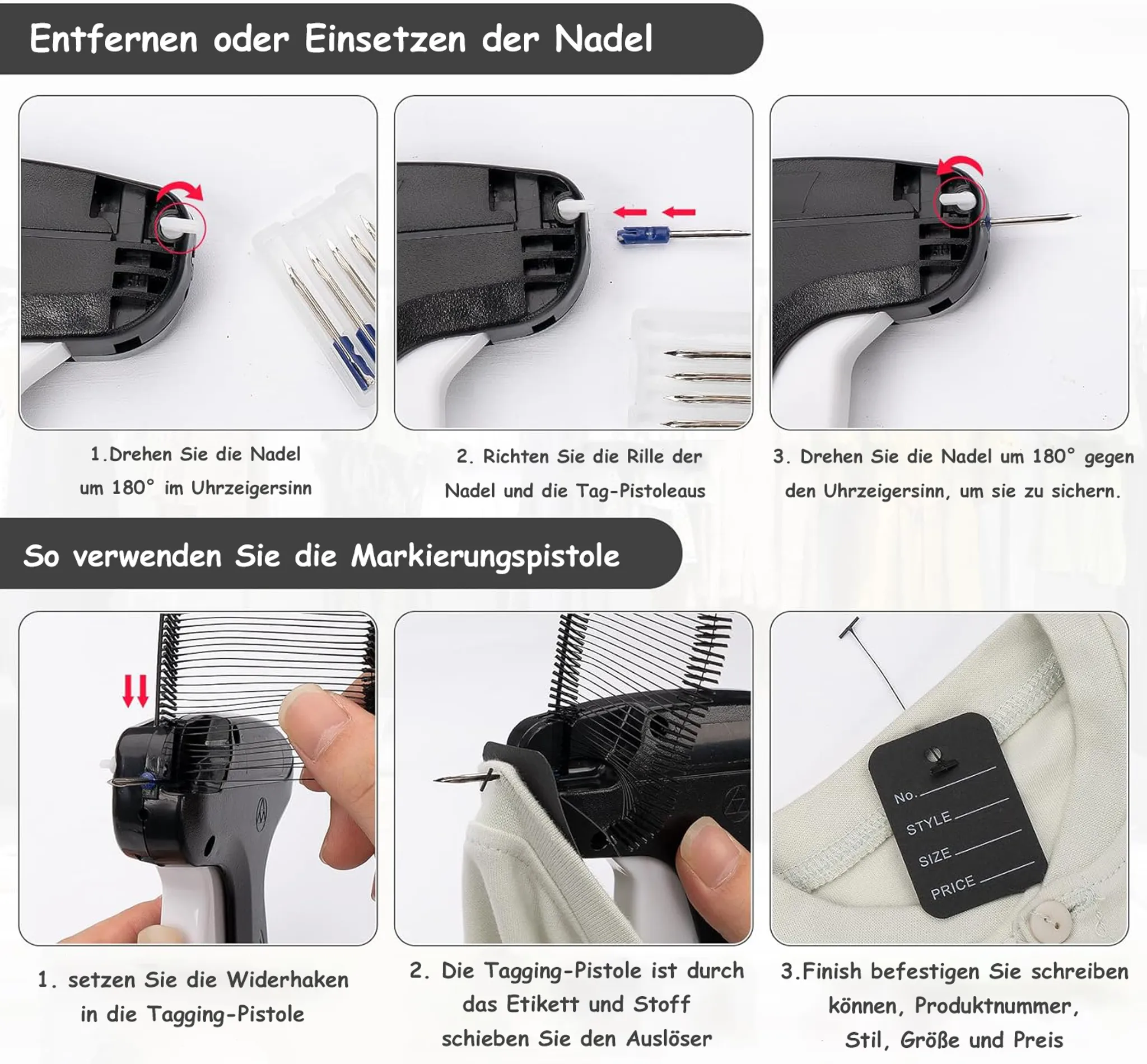 Anweisungen zur Verwendung einer Markierungspistole, mit Schritten zum Laden und Anbringen von Etiketten.