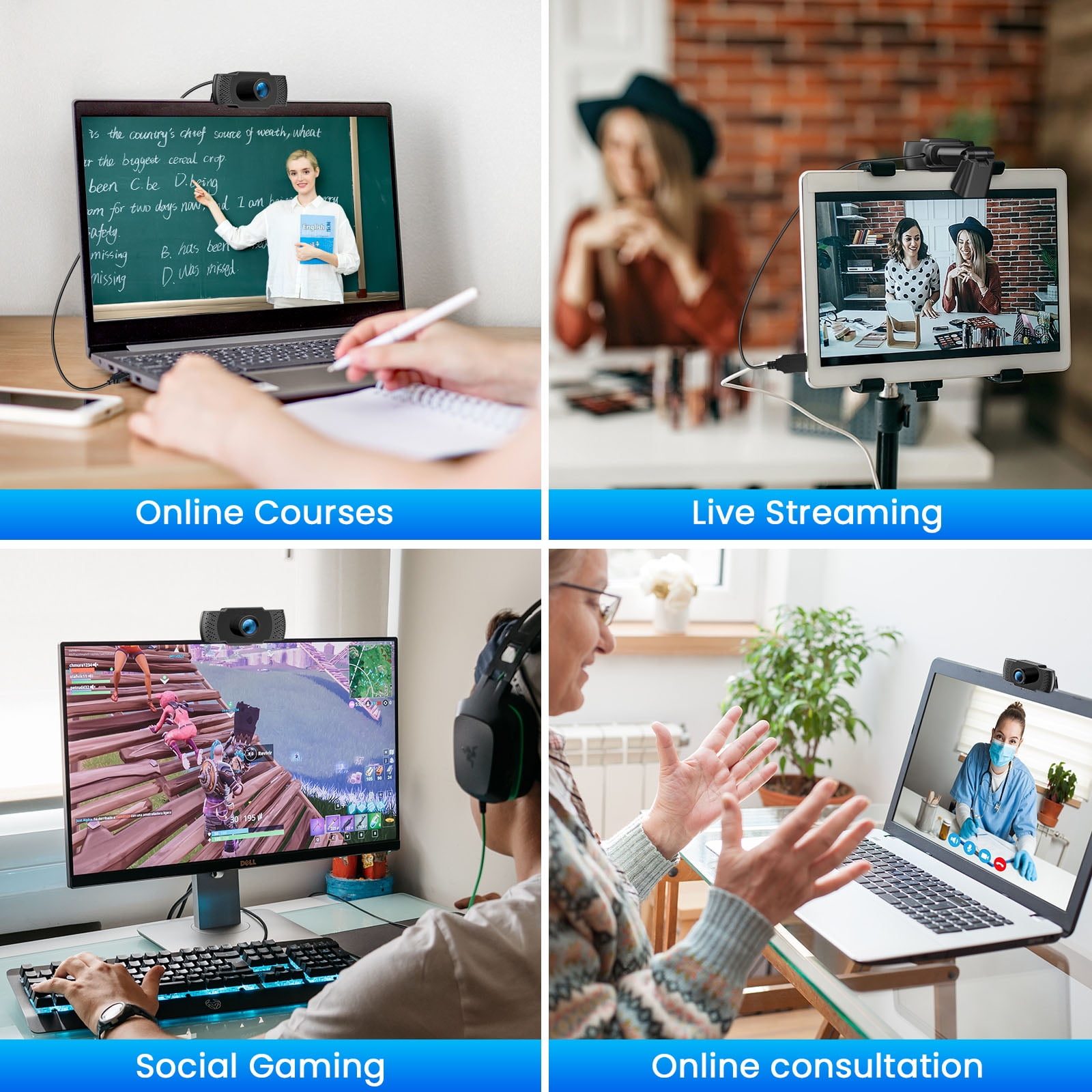 Vier Bilder: Online-Kurse, Live-Streaming, Social Gaming, Online-Beratung, alle mit Webcams.