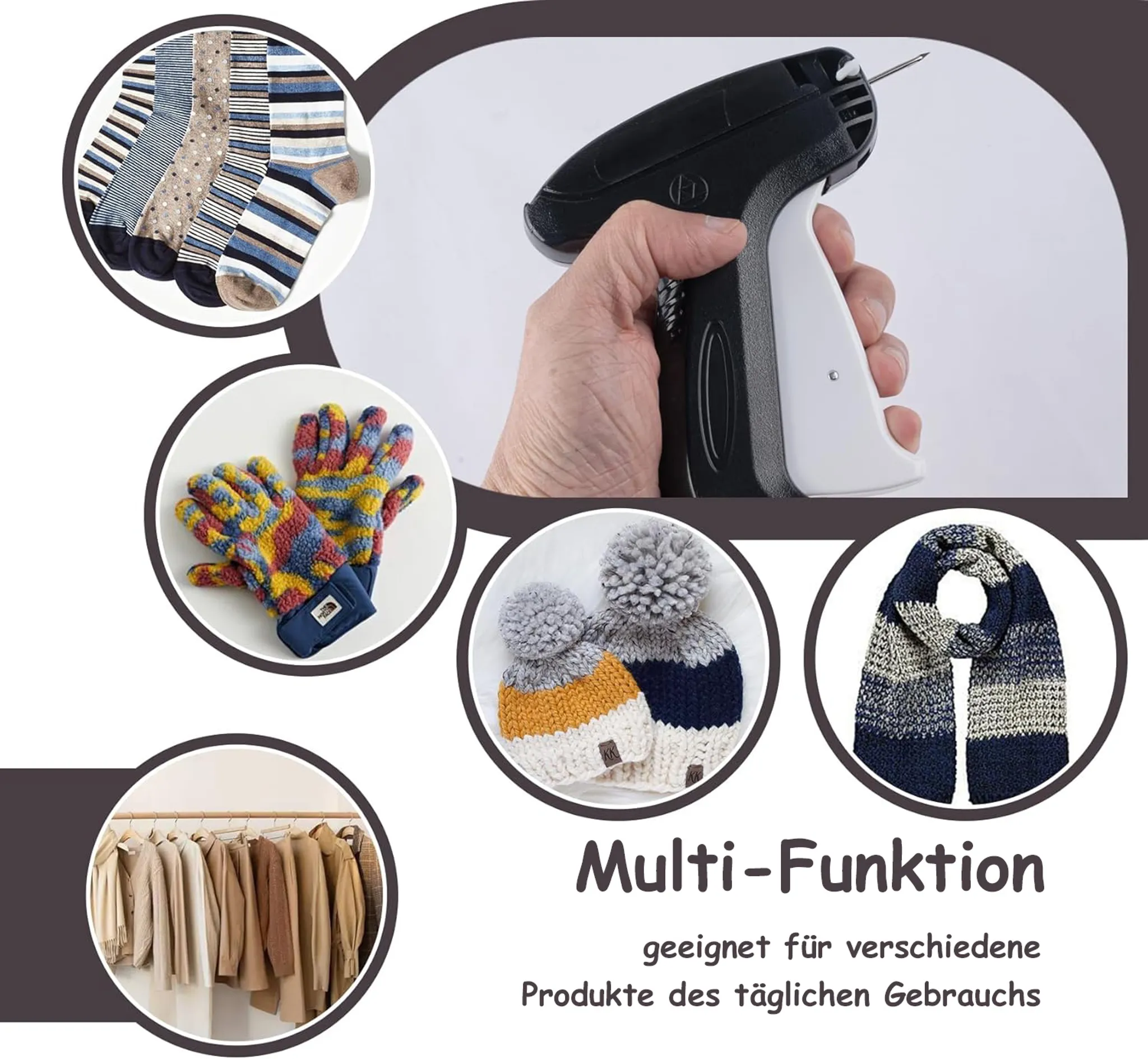 Verschiedene Winteraccessoires: Socken, Handschuhe, Mützen und ein Schal.
