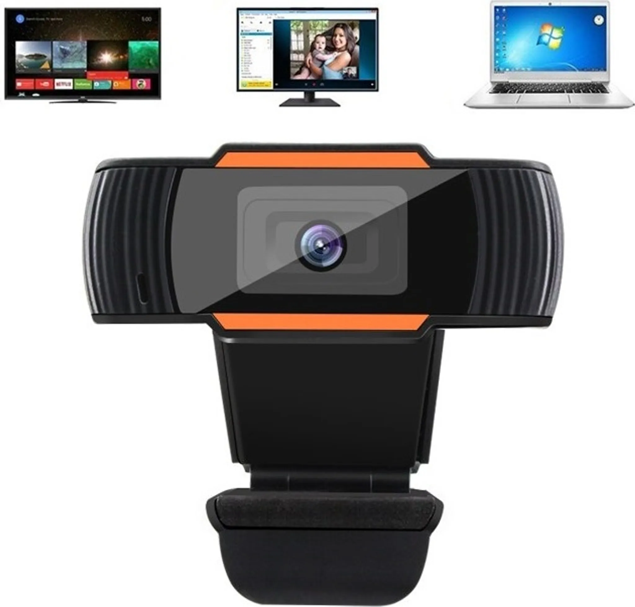 Eine Webcam mit mehreren Displays, darunter ein Fernseher, ein Monitor und ein Laptop.