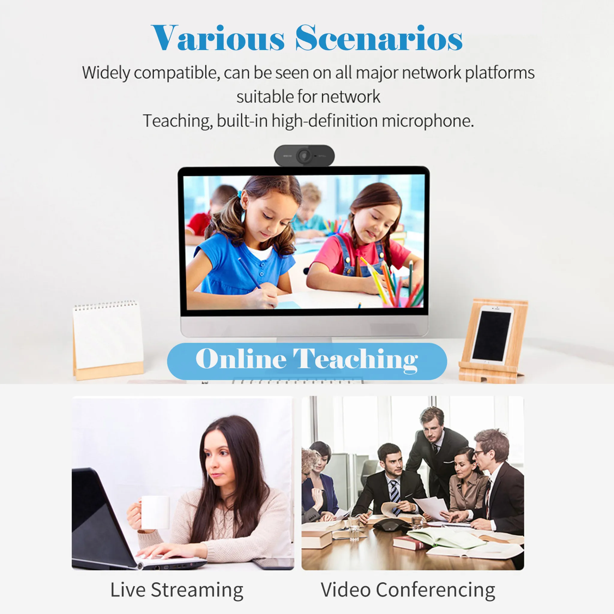 Zwei Mädchen im Klassenzimmer und Personen in einer Besprechung, alle nutzen Webcam für Online-Unterricht.
