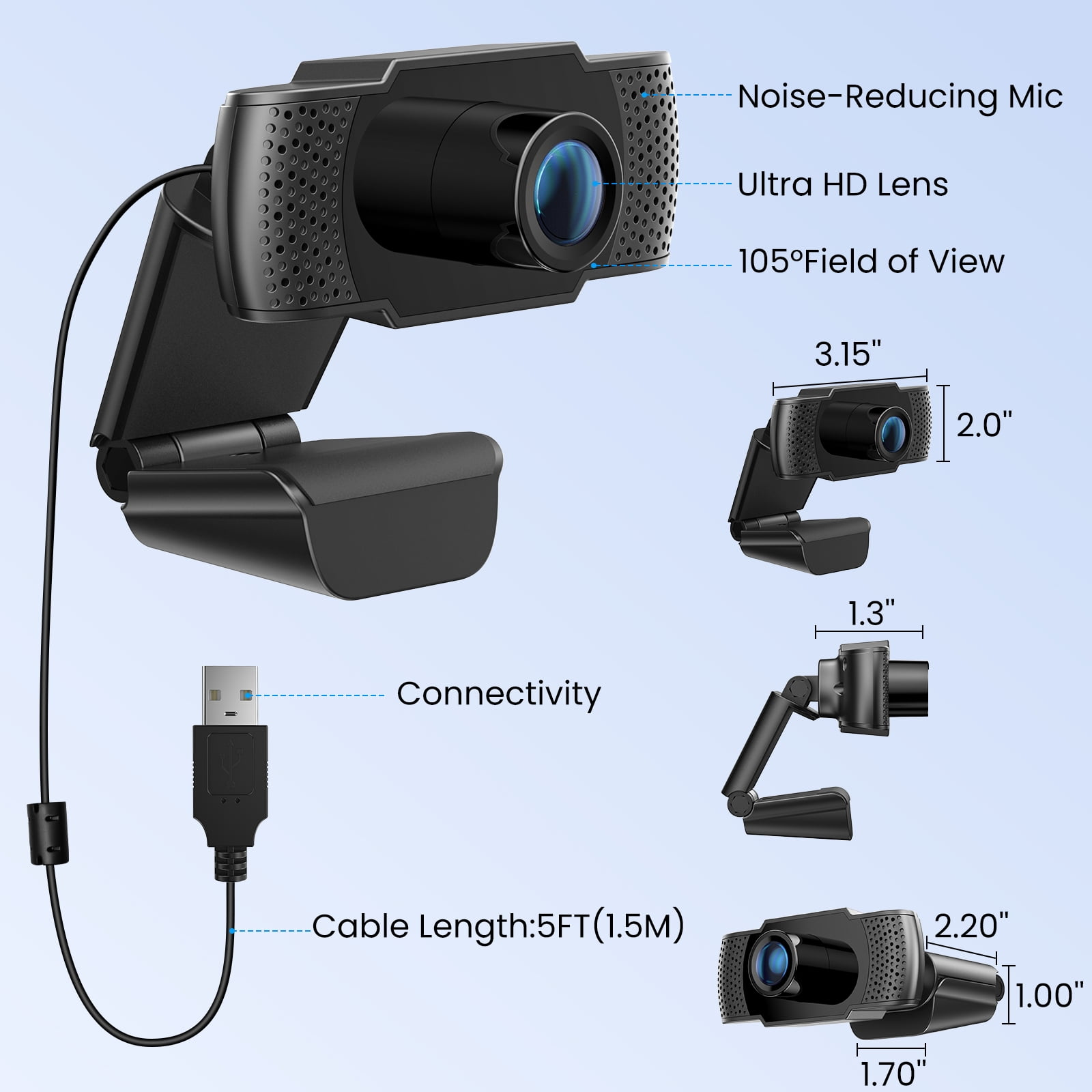 Webcam mit schwarzem Rahmen, blauem Objektiv und Abmessungen, mit USB-Kabel und zusätzlichen Ansichten.