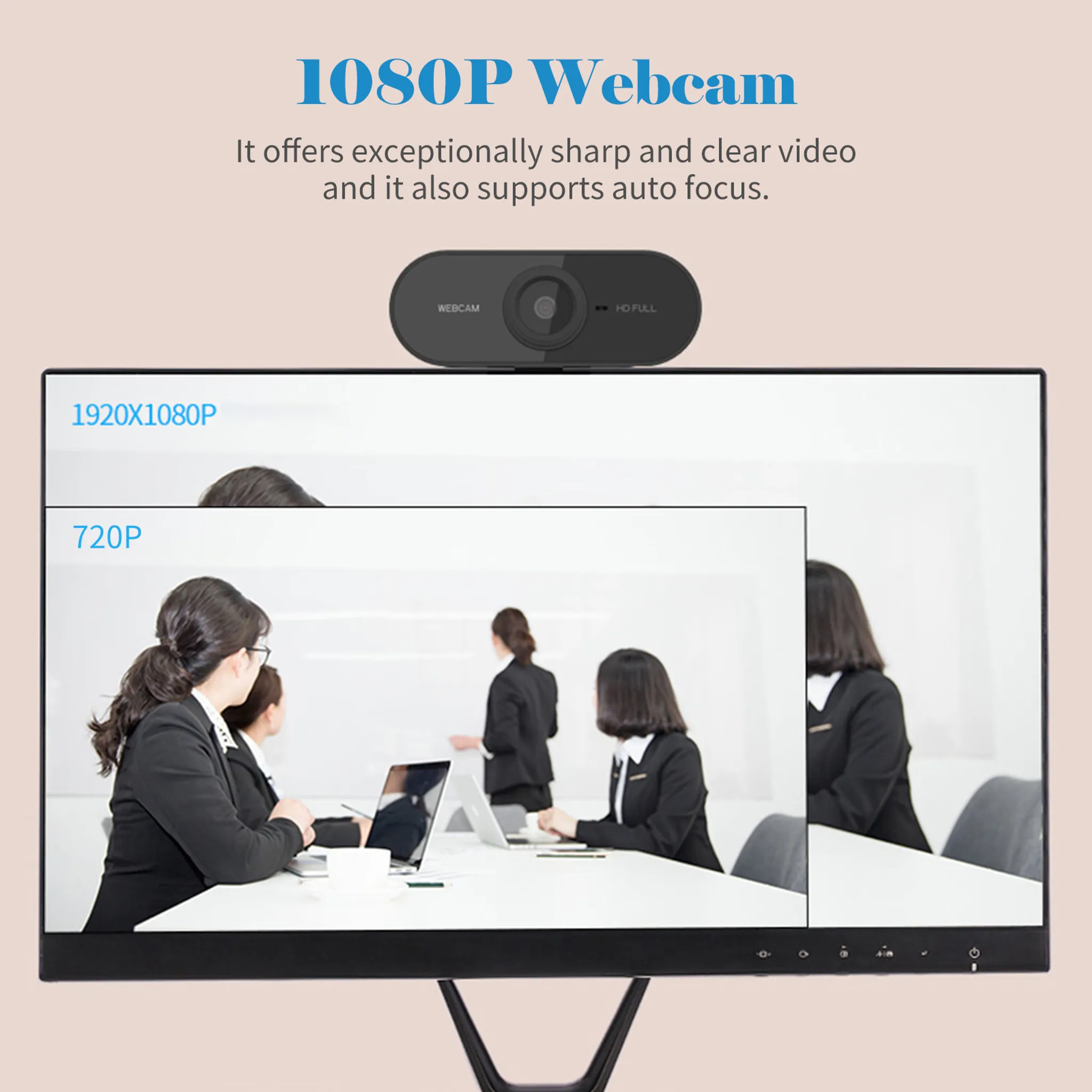 Eine Webcam mit einem Bildschirm, der eine 1080P-Auflösung neben einer 720P-Auflösung zeigt, plus Text.