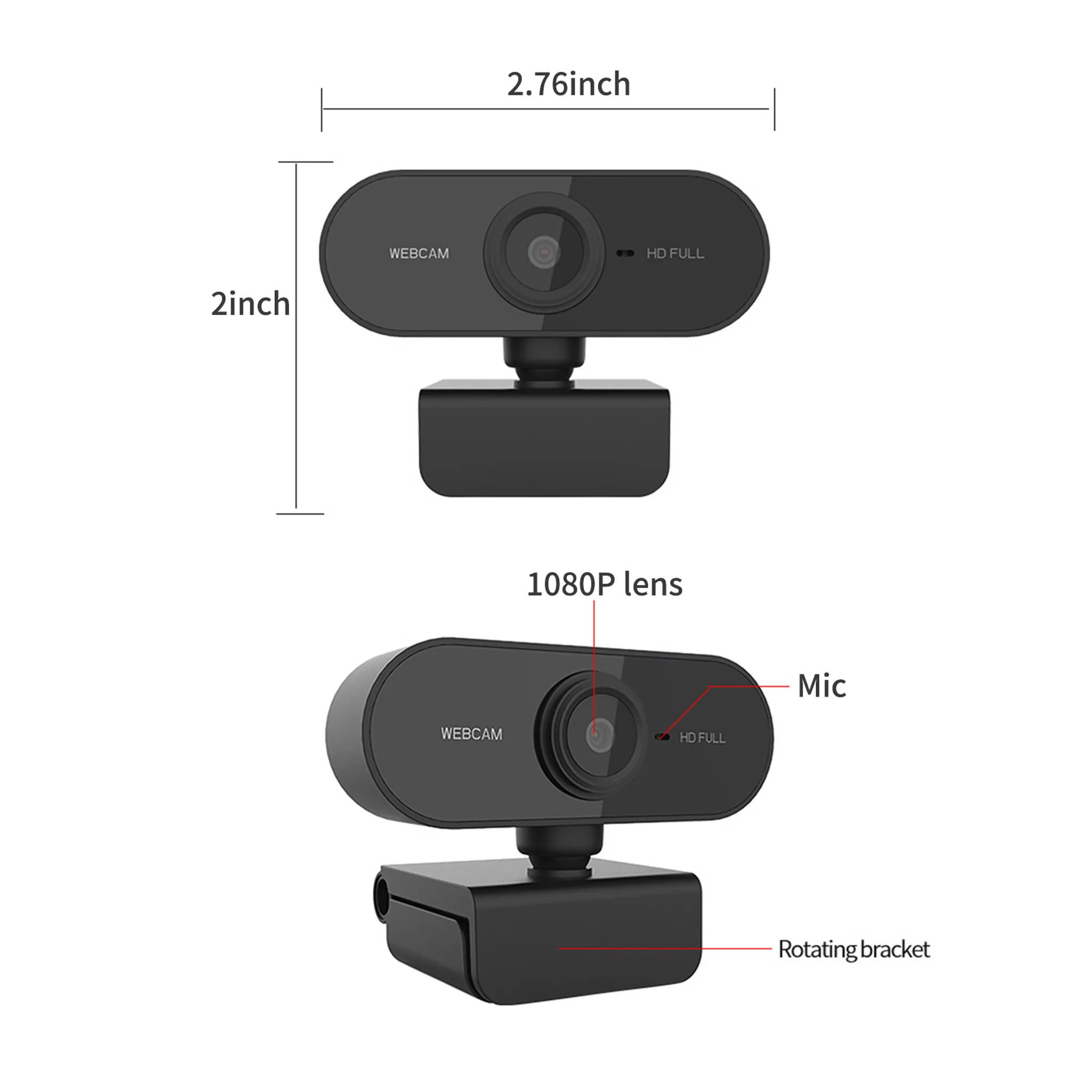 Draufsicht auf eine schwarze Webcam mit den Maßen: 2 Zoll mal 2,76 Zoll. Text: 1080P-Objektiv.