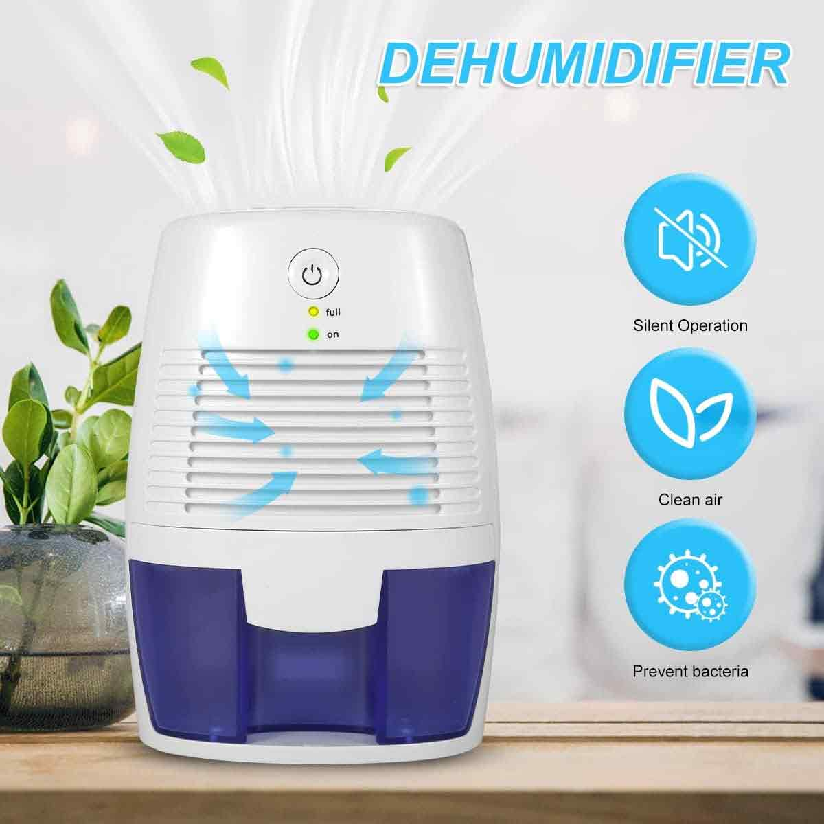 Ein Luftentfeuchter mit Symbolen für leisen Betrieb, saubere Luft und Bakterienverhinderung.