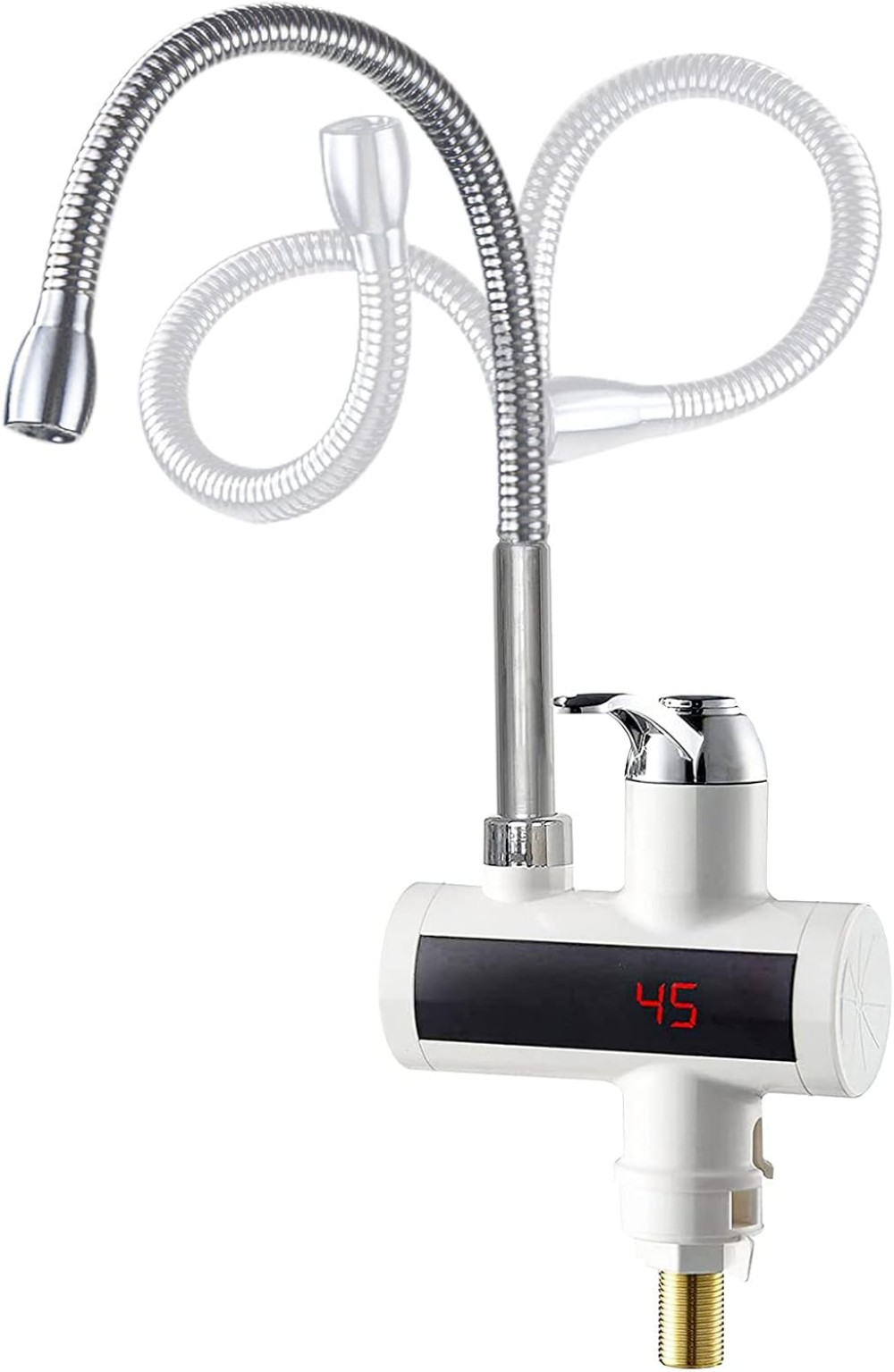 Weißer Wasserhahn mit flexiblem Silberhals, Temperatur 45 wird angezeigt.