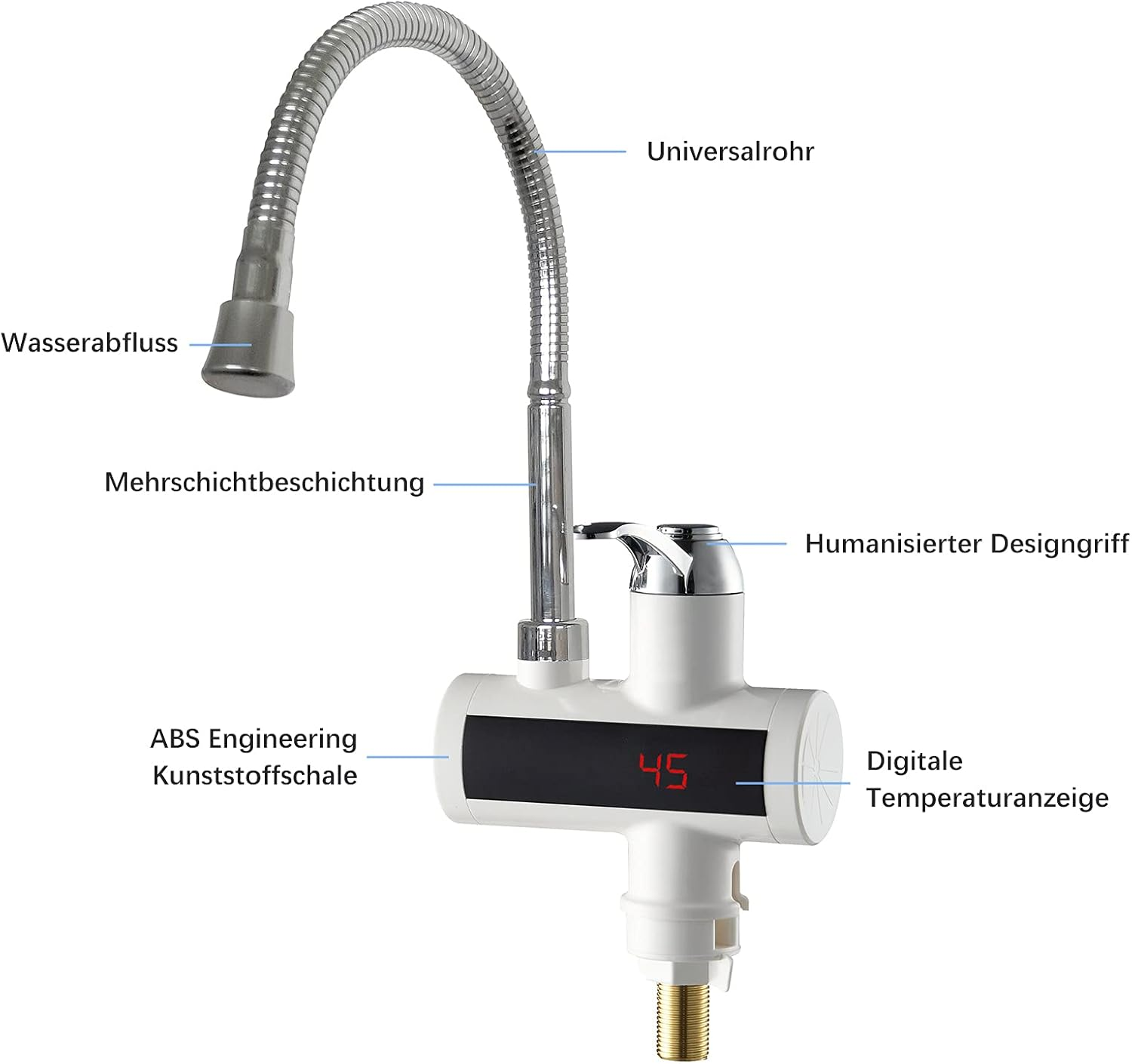 Ein weißer Wasserhahn mit digitaler Temperaturanzeige, mit flexiblem Metallarm.