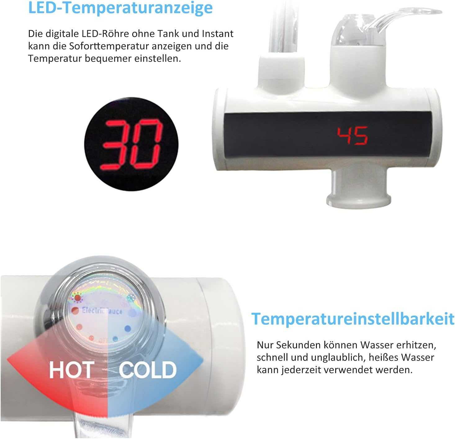 Ein Wasserhahn mit digitaler Temperaturanzeige zeigt Zahlen und eine Heiß/Kalt-Anzeige.