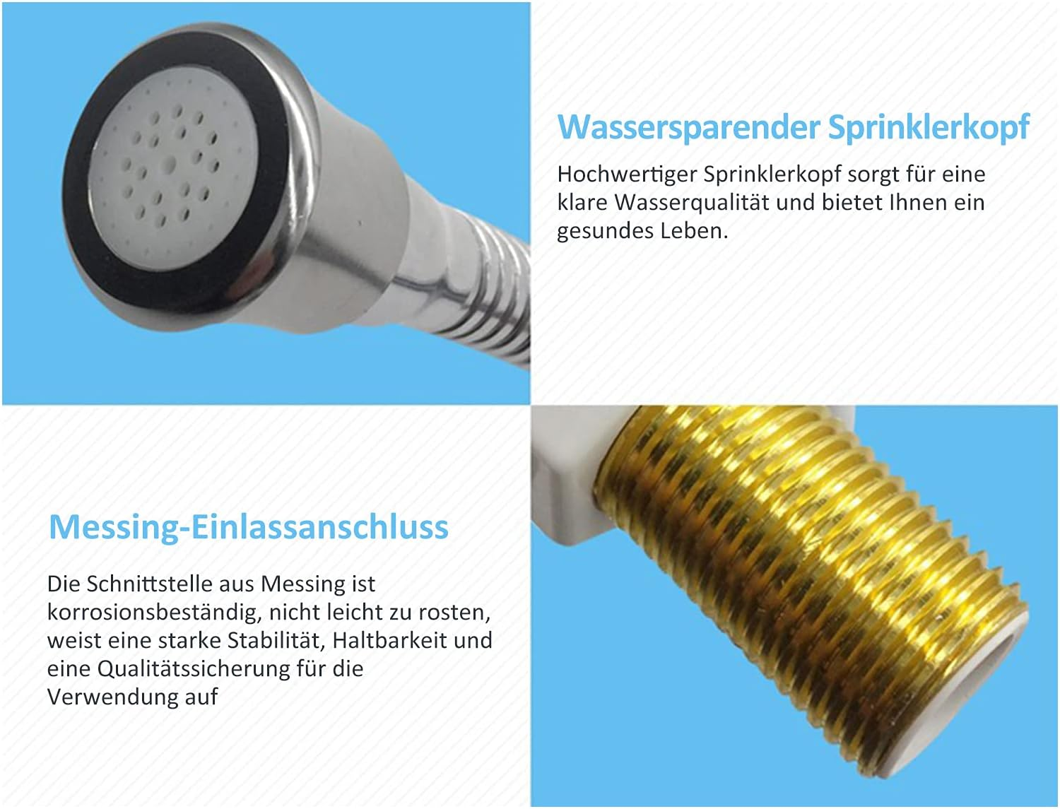 Nahaufnahmen von einem Duschkopf und Messing-Einlassanschluss, mit blauem Hintergrund.