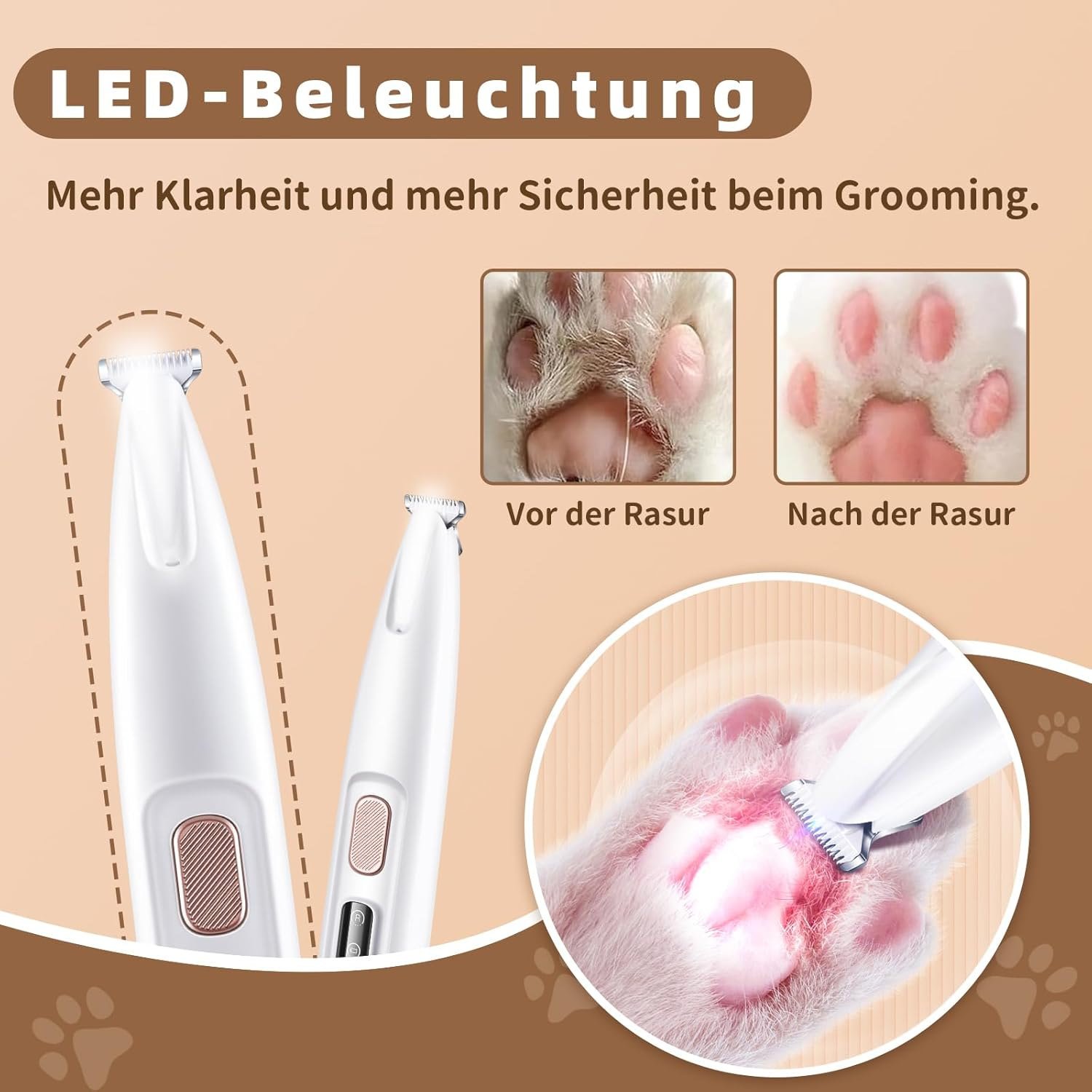 Bilder zeigen ein Haustierpflege-Werkzeug und eine Katzenpfote vor und nach dem Trimmen.