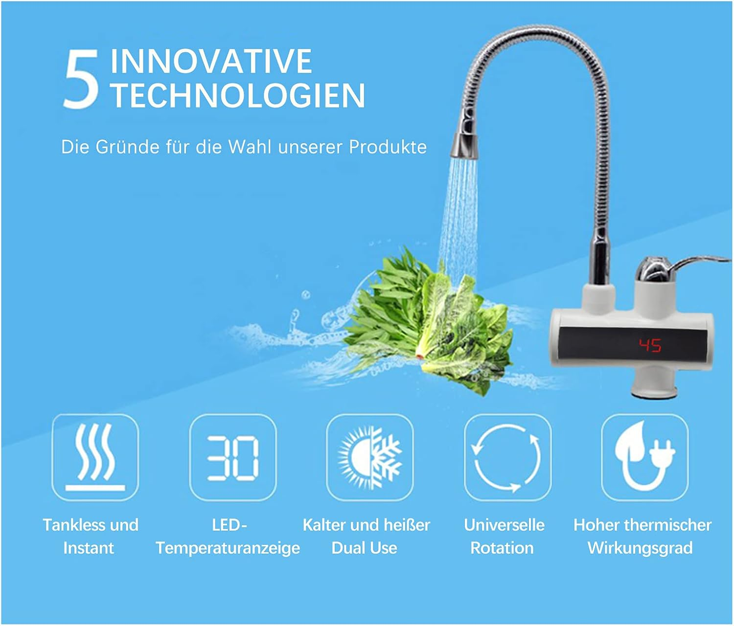 Ein Wasserhahn mit mehreren Funktionen. Er zeigt Wasser auf Blättern im Hintergrund.