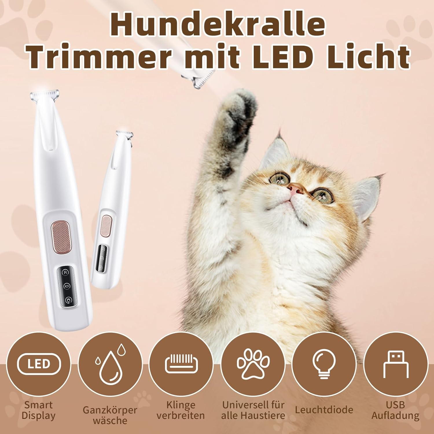 Eine Katze wird mit einem weißen Haustierpflege-Werkzeug mit LED-Licht getrimmt.