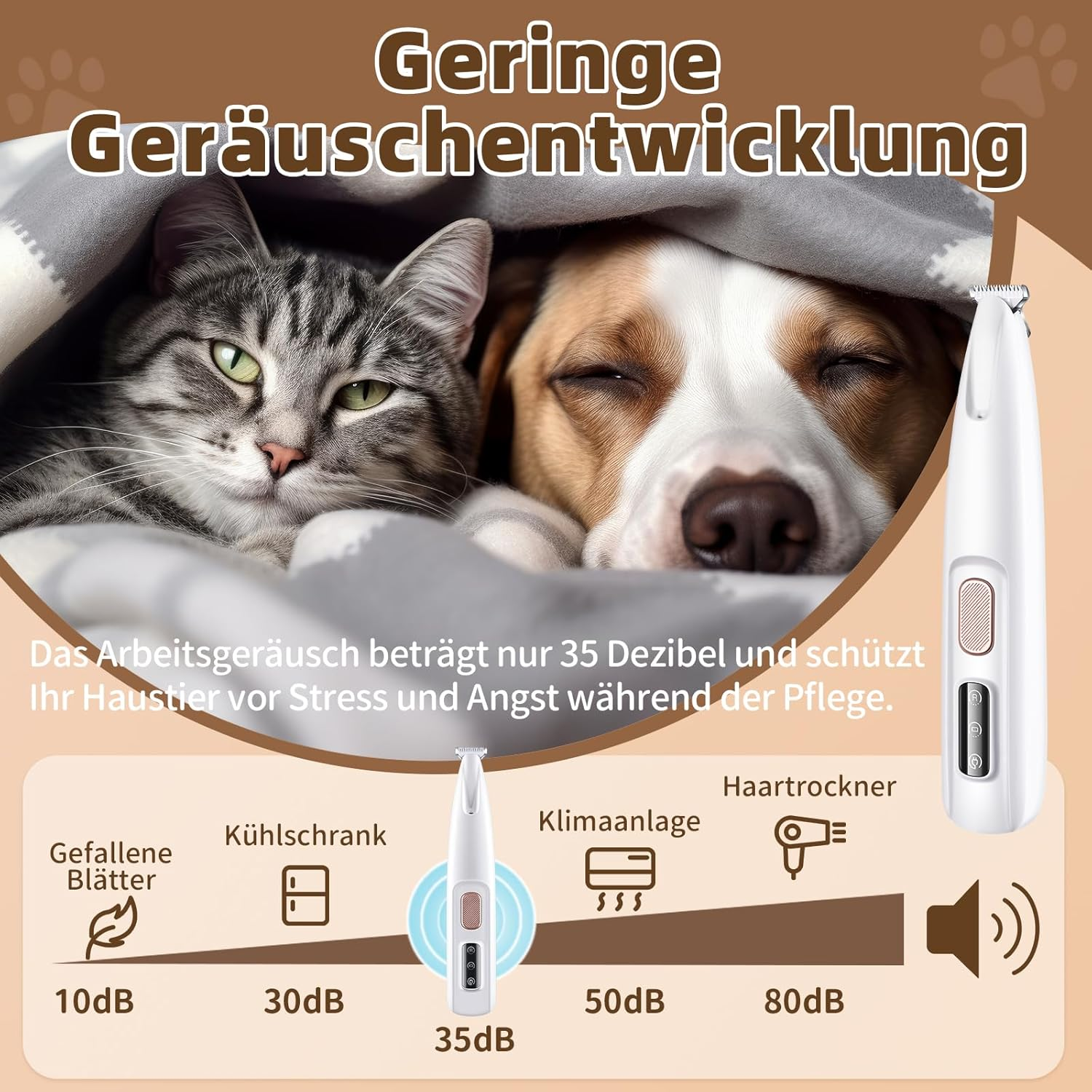 Eine Katze und ein Hund sind zusammen. Ein Pflege-Werkzeug wird mit Schallpegelanzeigen gezeigt.