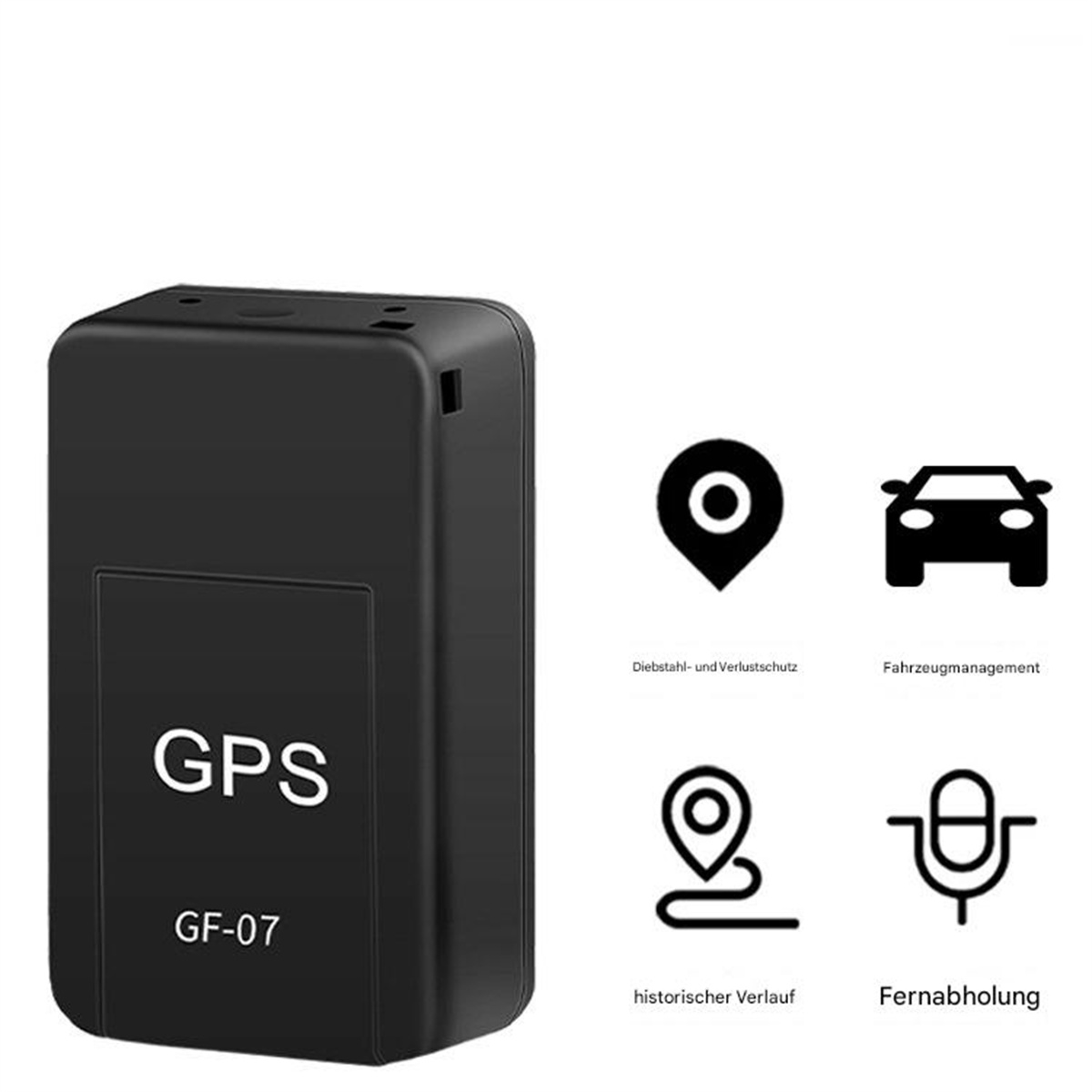 Schwarzer GPS-Tracker mit Symbolen für Diebstahlschutz, Fahrzeugmanagement und historische Verfolgung.