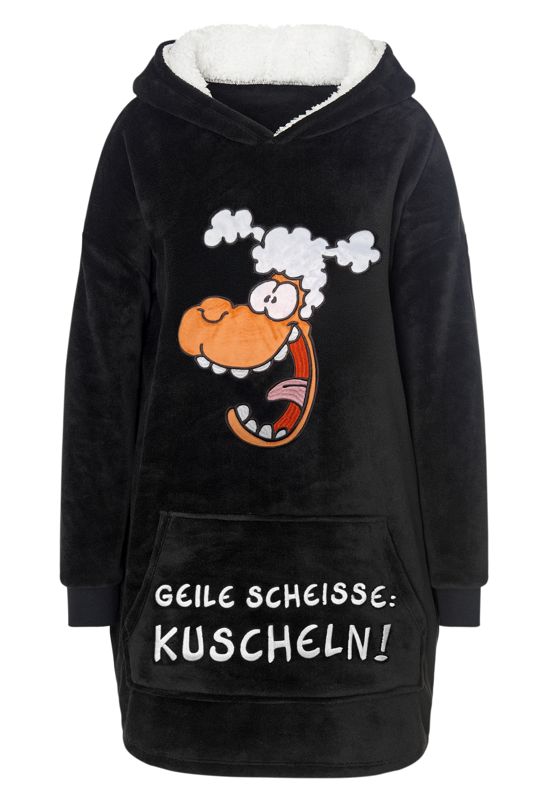 Ein schwarzer Hoodie mit einem Cartoon-Schaf-Design und den Worten 'GEILE SCHEISSE: KUSCHELN!'.