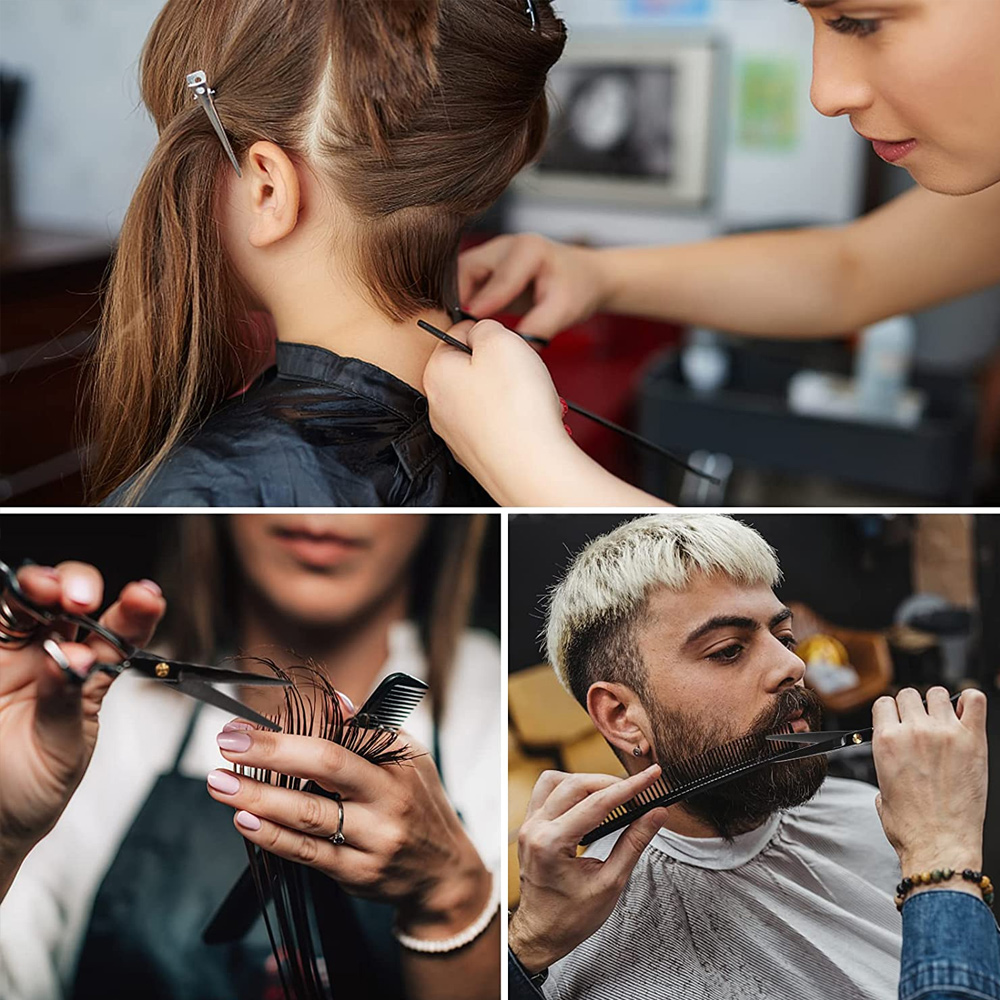 Friseur schneidet Haare eines Mädchens. Andere Bilder zeigen Bartschnitt und Schere.