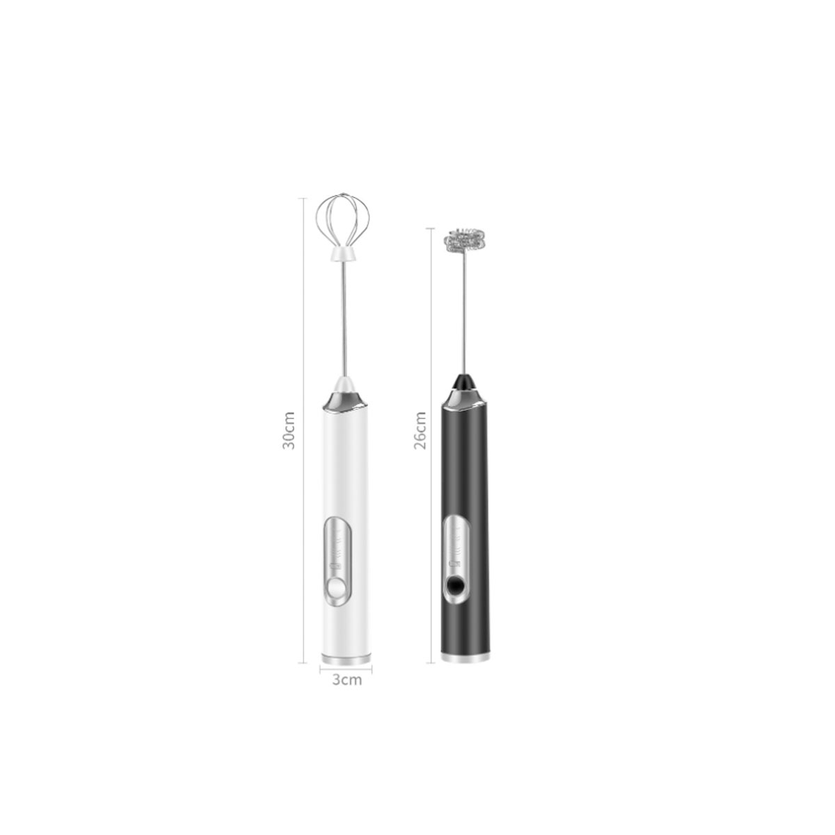 Zwei Handmixer, einer schwarz und einer weiß, mit Maßen und Abmessungen.