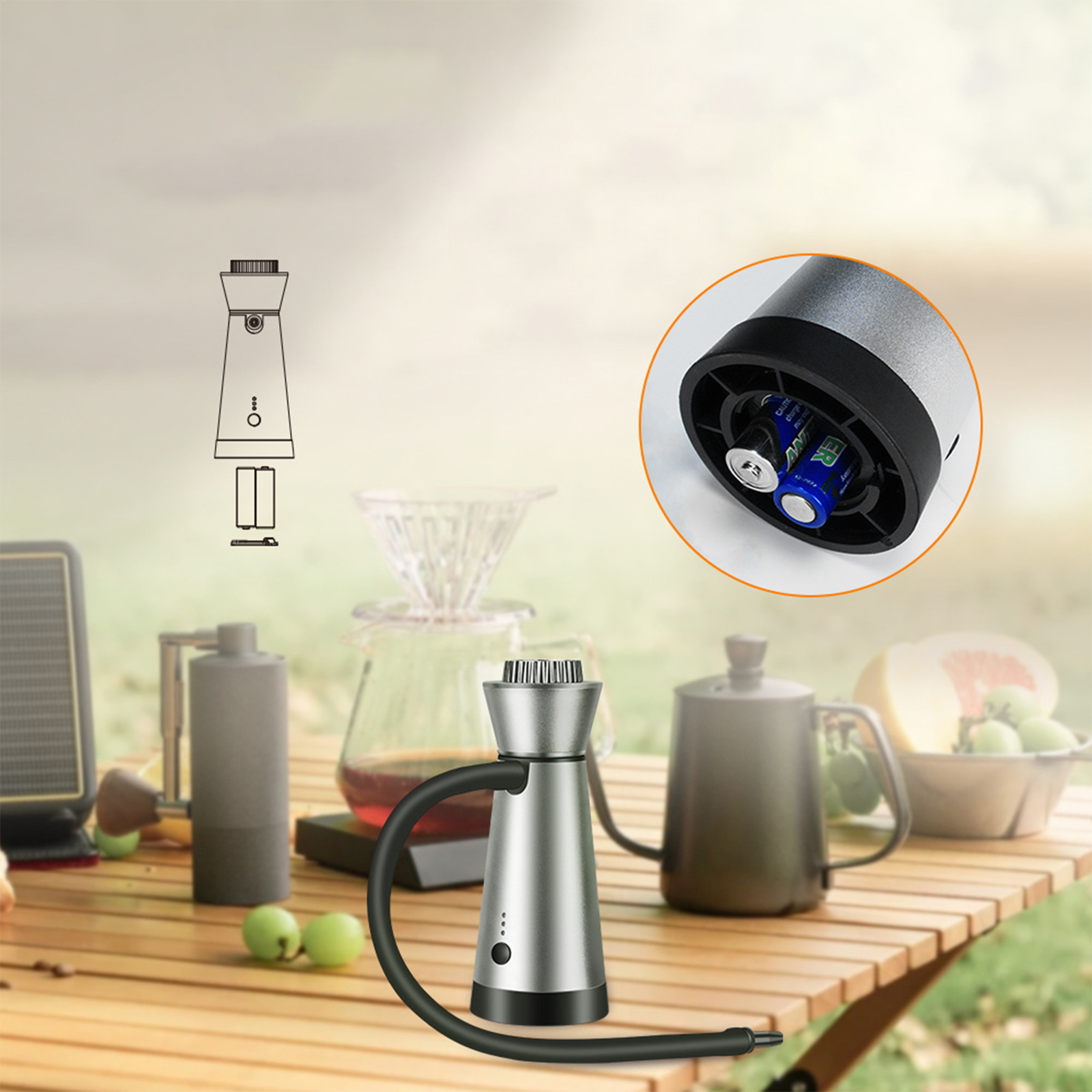 Silbernes Rauchgerät auf einem Tisch. Kaffeemaschinenausrüstung im Hintergrund. Batterien sind sichtbar.