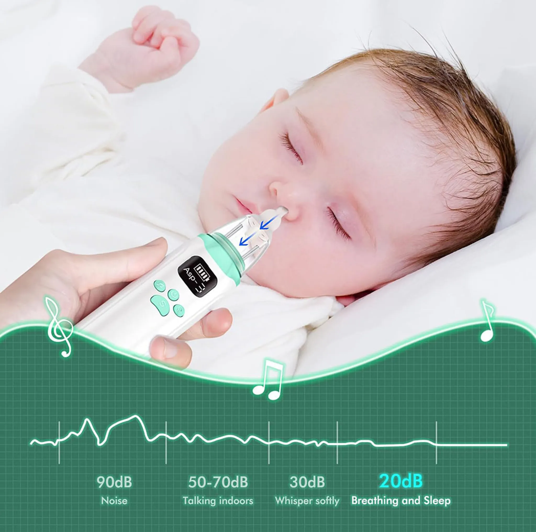 Baby schläft, während Nasensauger verwendet wird. Geräuschpegeldiagramm. Geringes Rauschen, Sprechen, Atmen.