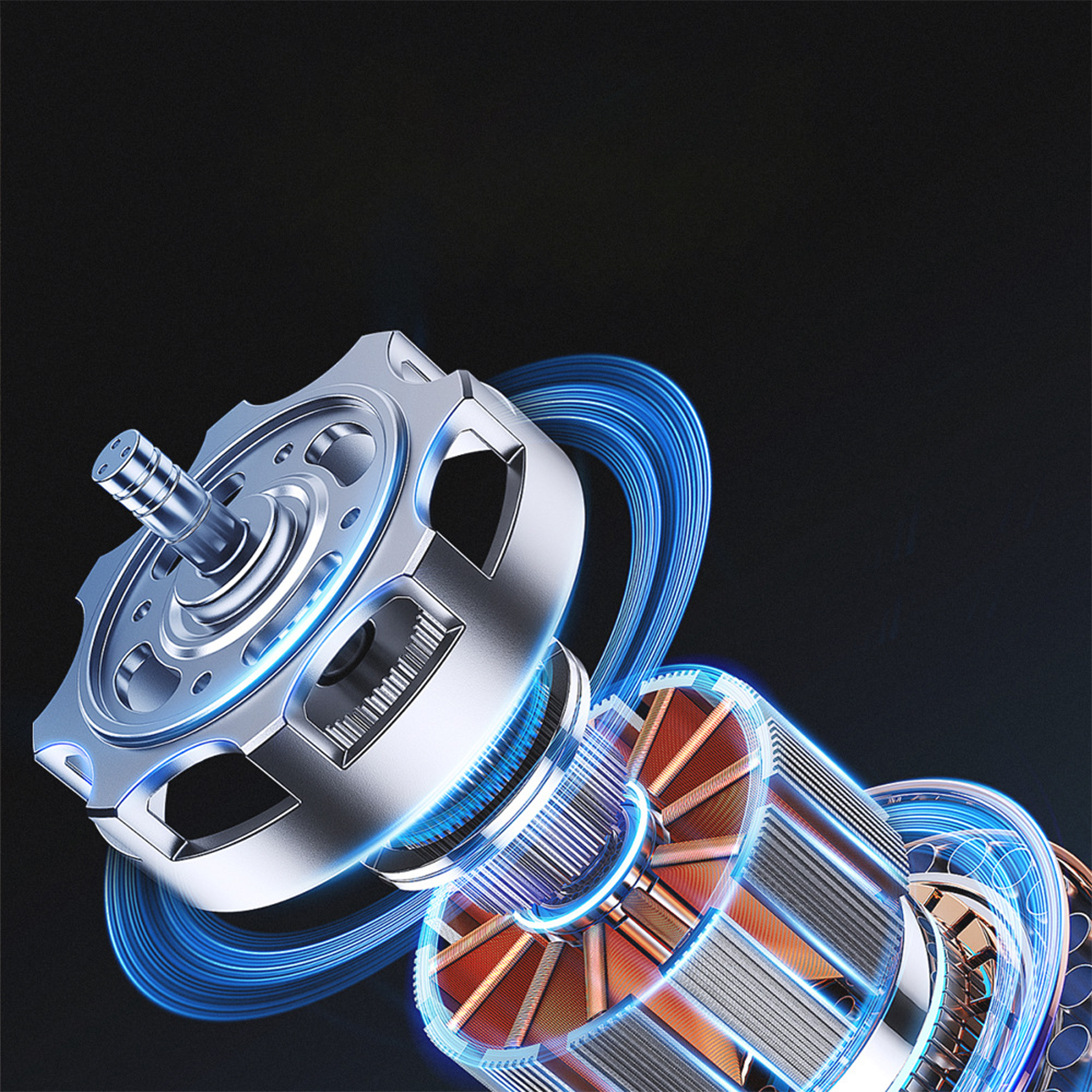 Nahaufnahme vom Inneren eines Elektromotors. Blaue Energielinien umgeben die Metallteile.