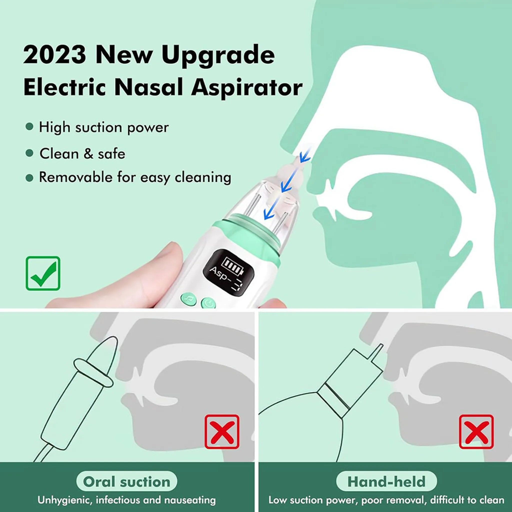 Elektrischer Nasensauger mit grüner Spitze. Details: hohe Saugleistung, sicher und leicht zu reinigen.