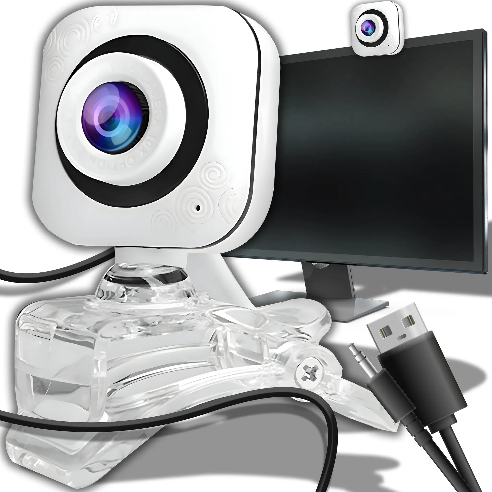 Webcam auf einem Monitor. Transparente Klammer. Der Monitor zeigt ein Galaxienbild. Eine weitere Webcam oben.