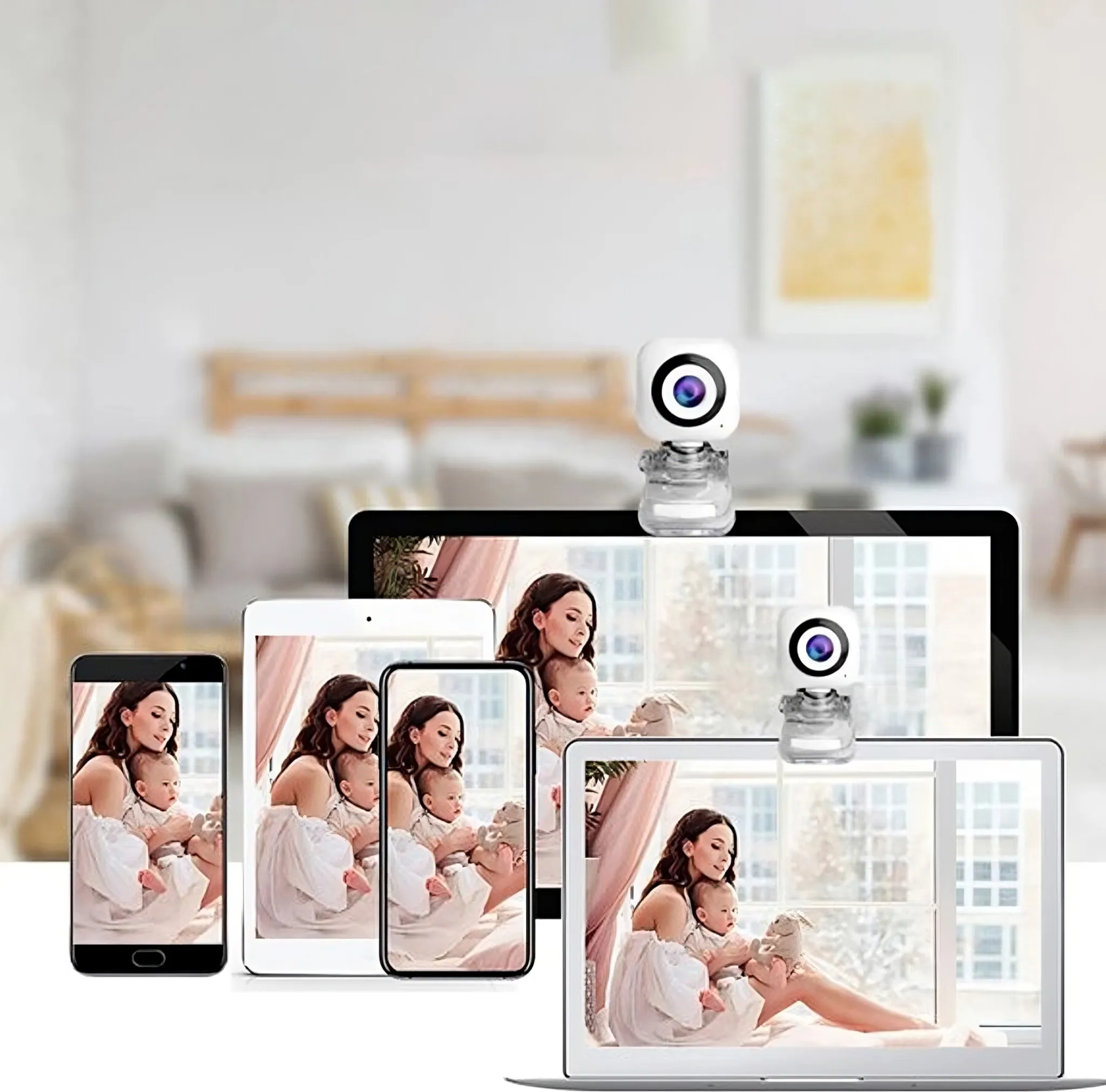 Webcam auf Geräten. Bilder auf Telefon-, Tablet- und Laptop-Bildschirmen. Eine Familie wird gezeigt.
