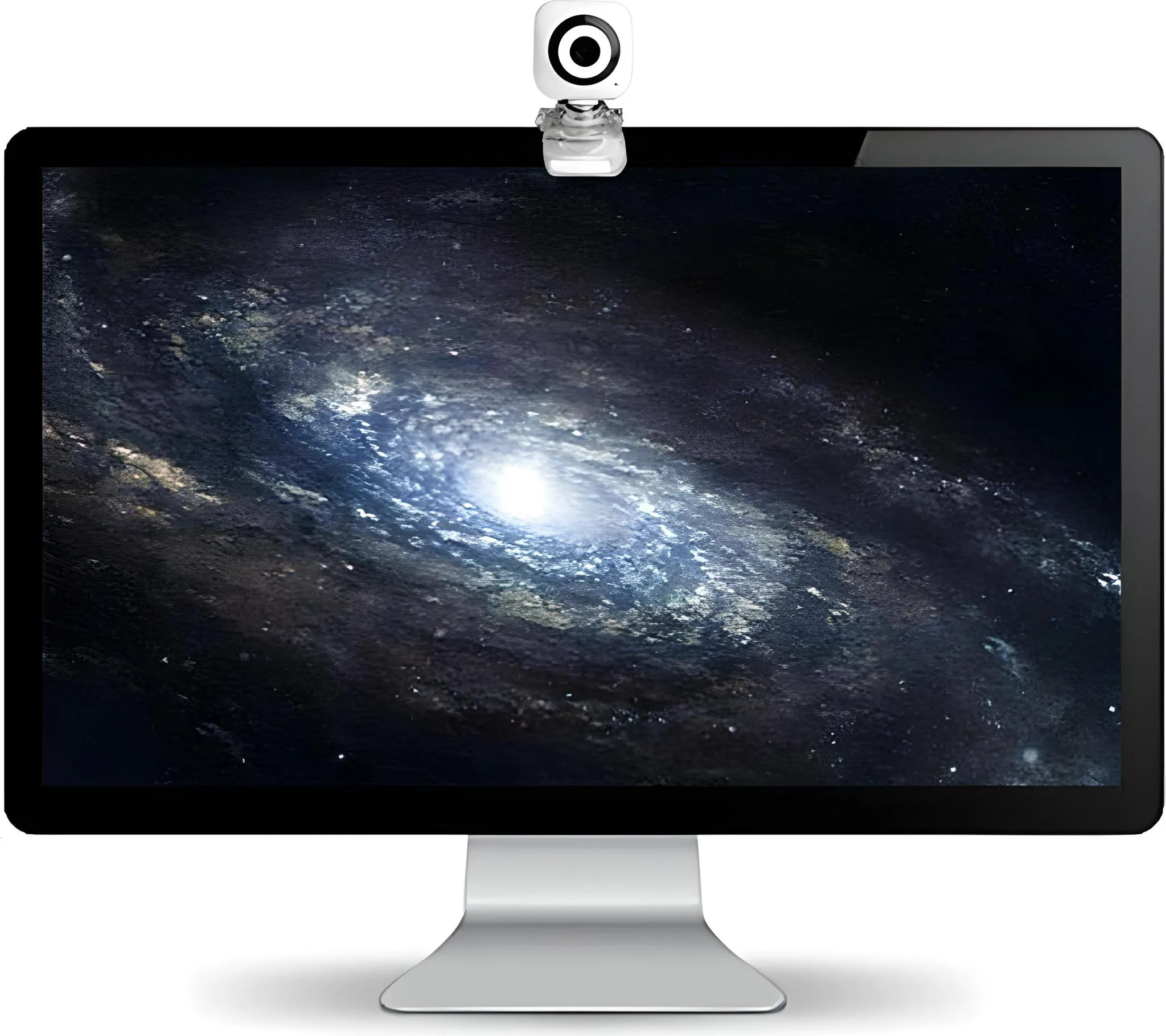 Webcam auf einem Monitor. Galaxienbild auf dem Bildschirm. Silberner Ständer.