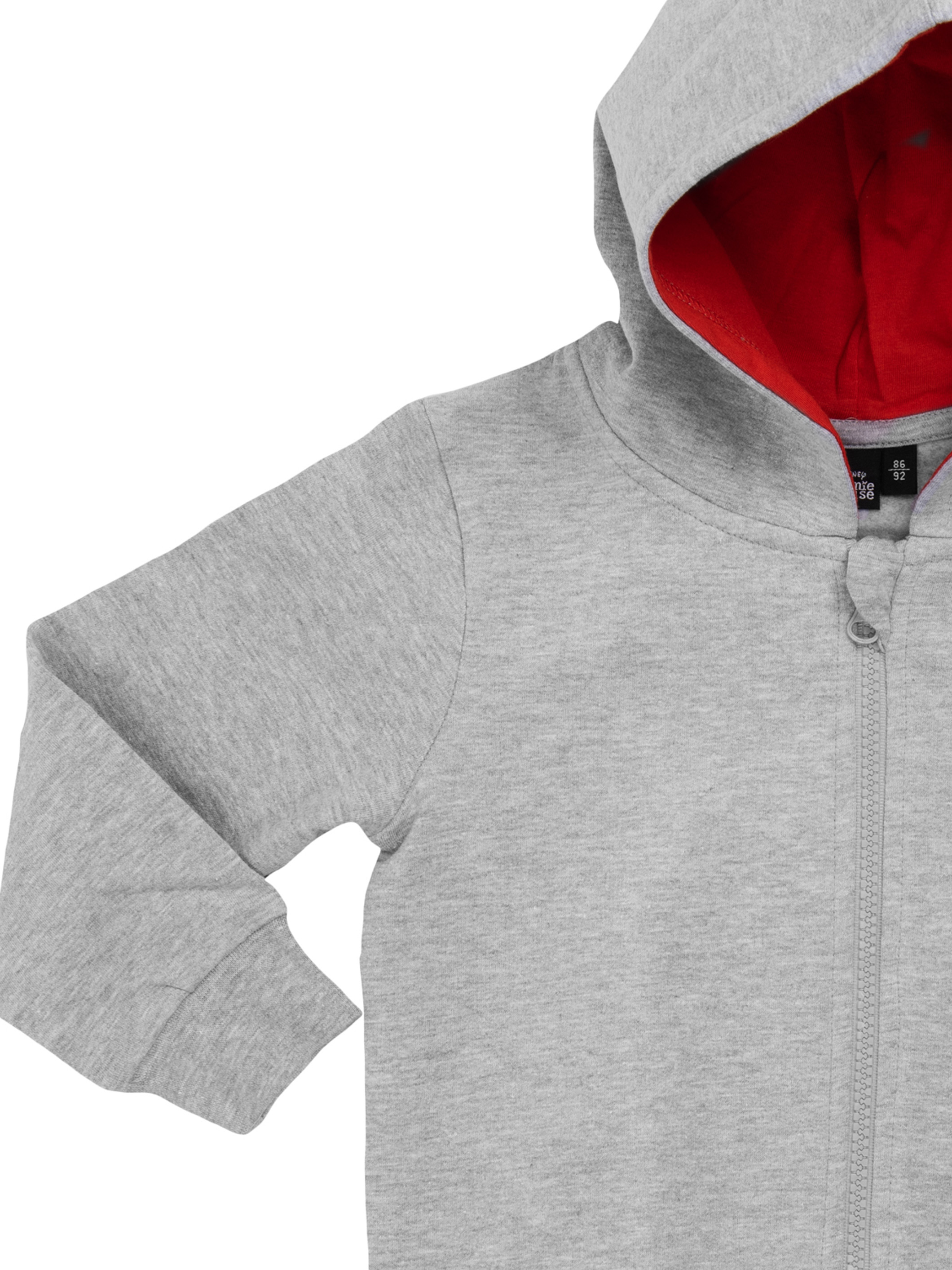 Grauer Kapuzenpullover mit rotem Futter und Reißverschluss. Sichtbarer Ärmel.