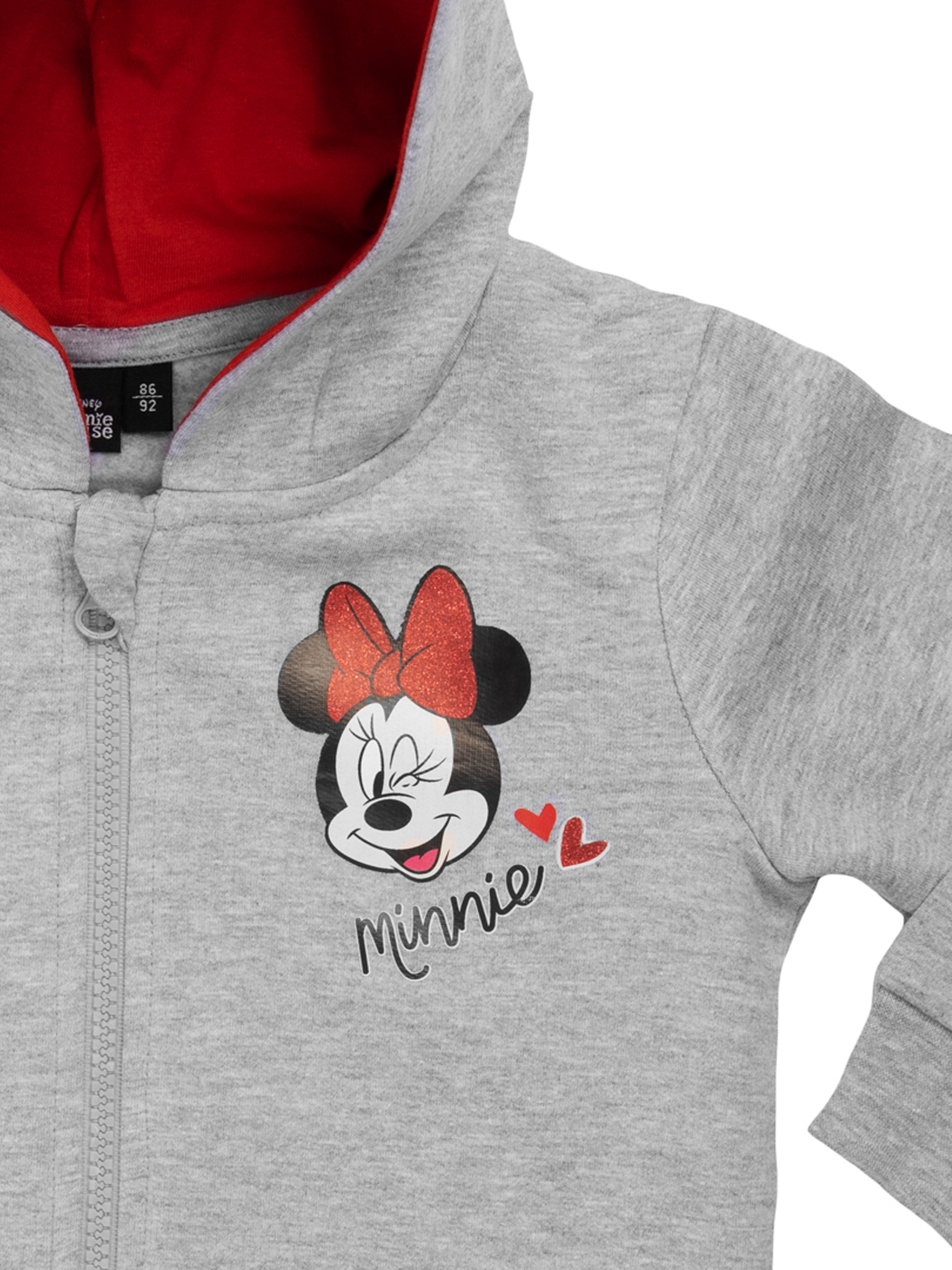 Ein grauer Minnie Mouse Kapuzenpullover mit roter Kapuze und Minnie Mouse Grafik.