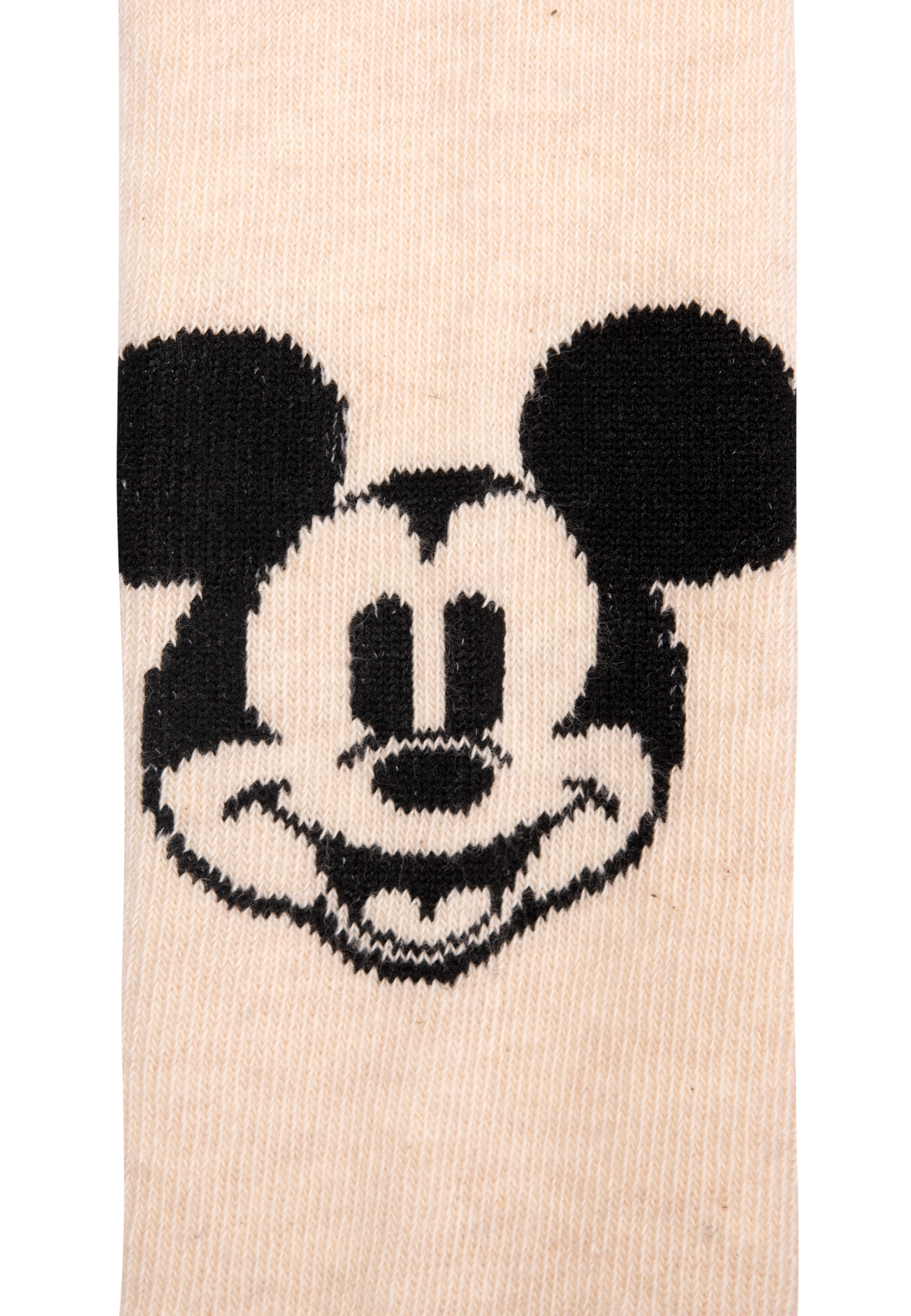 Nahaufnahme einer beigefarbenen Socke mit einem schwarzen Mickey-Mouse-Gesichtsdruck.