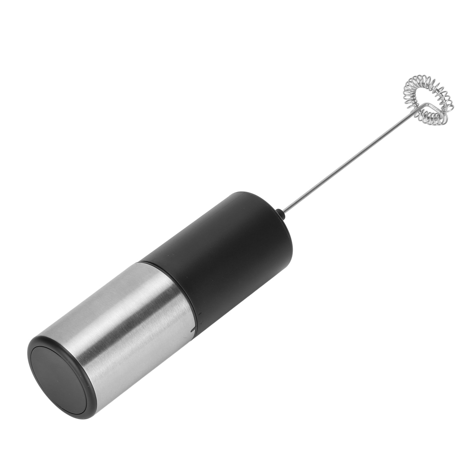 Schwarz-silberner Milchaufschäumer. Der Griff ist schwarz, die Basis silber.