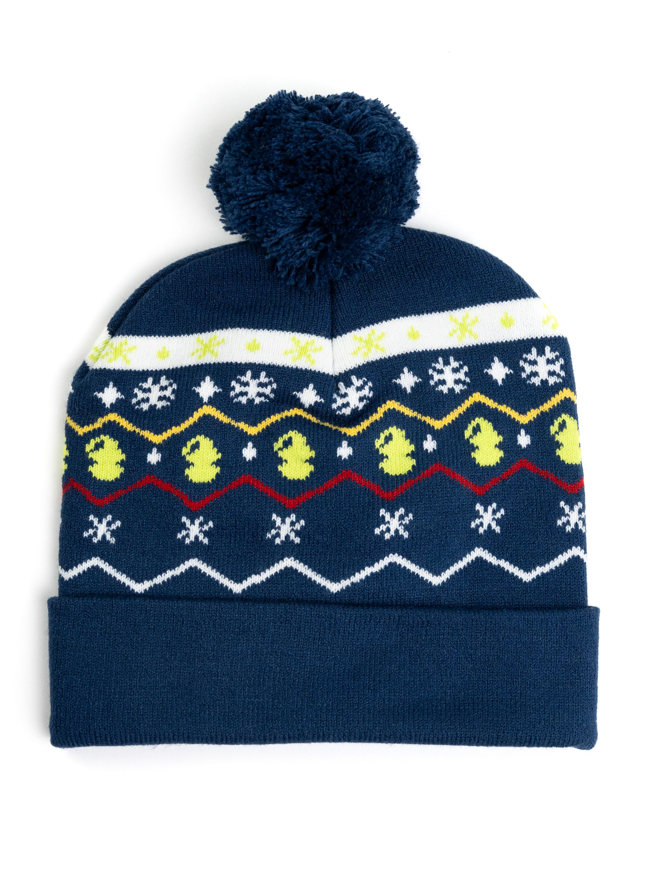 Eine marineblaue Mütze mit einem Muster aus gelben Enten, Schneeflocken und roten und weißen Linien.