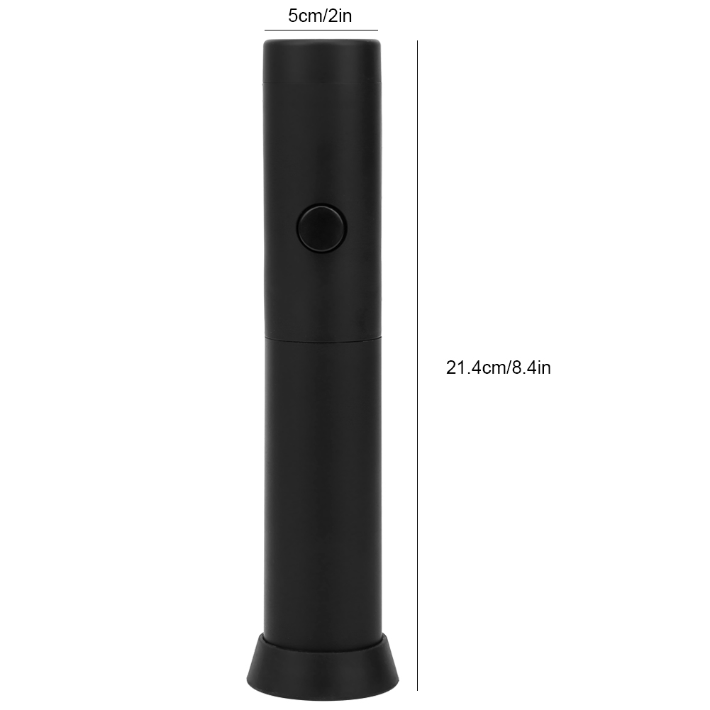 Schwarzer Milchaufschäumer mit Abmessungen. 21,4 cm/8,4 Zoll lang, 5 cm/2 Zoll breit. Weißer Hintergrund.