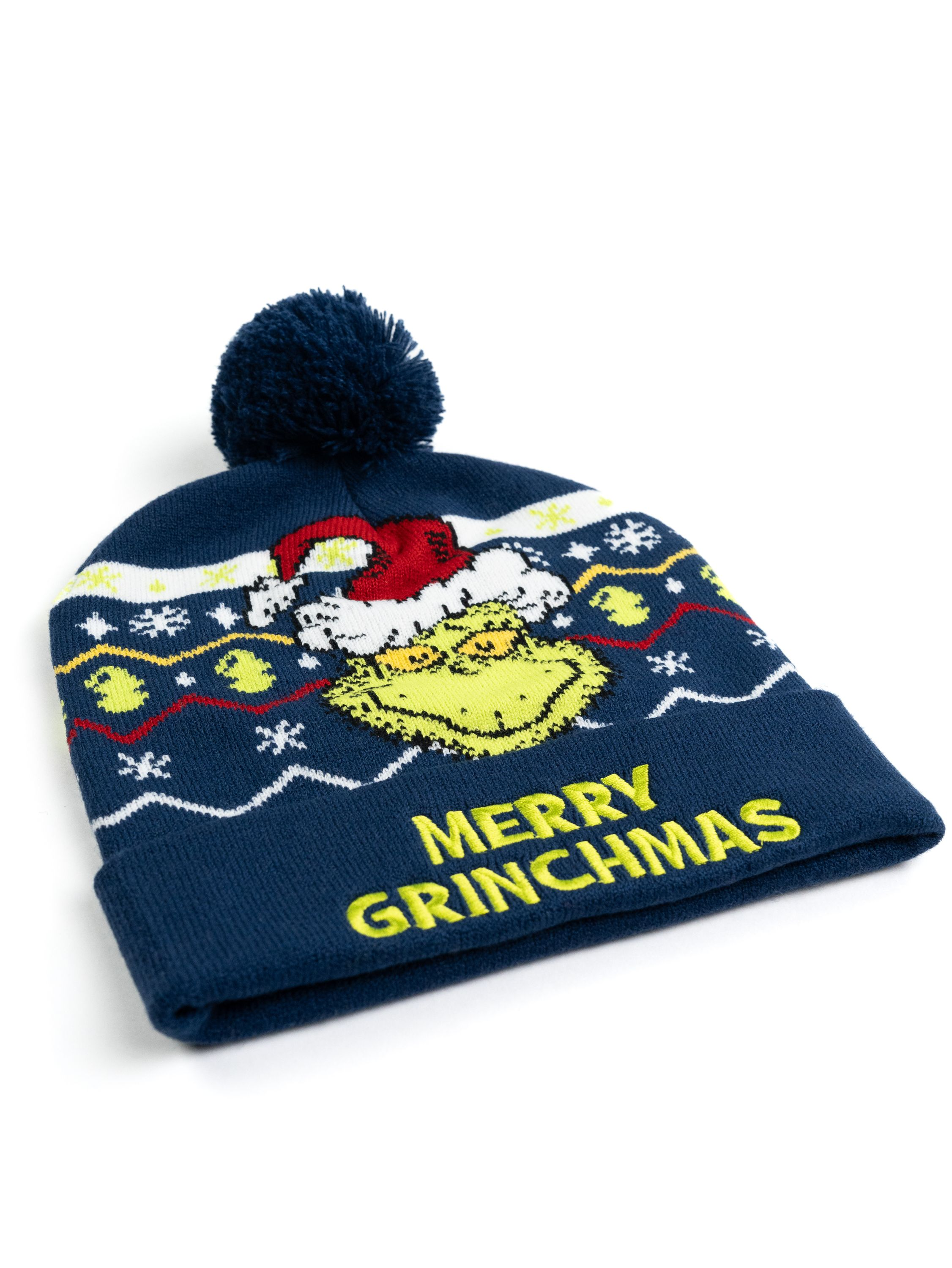 Blaue "Merry Grinchmas" Mütze mit Grinch-Grafik, Bommel oben.