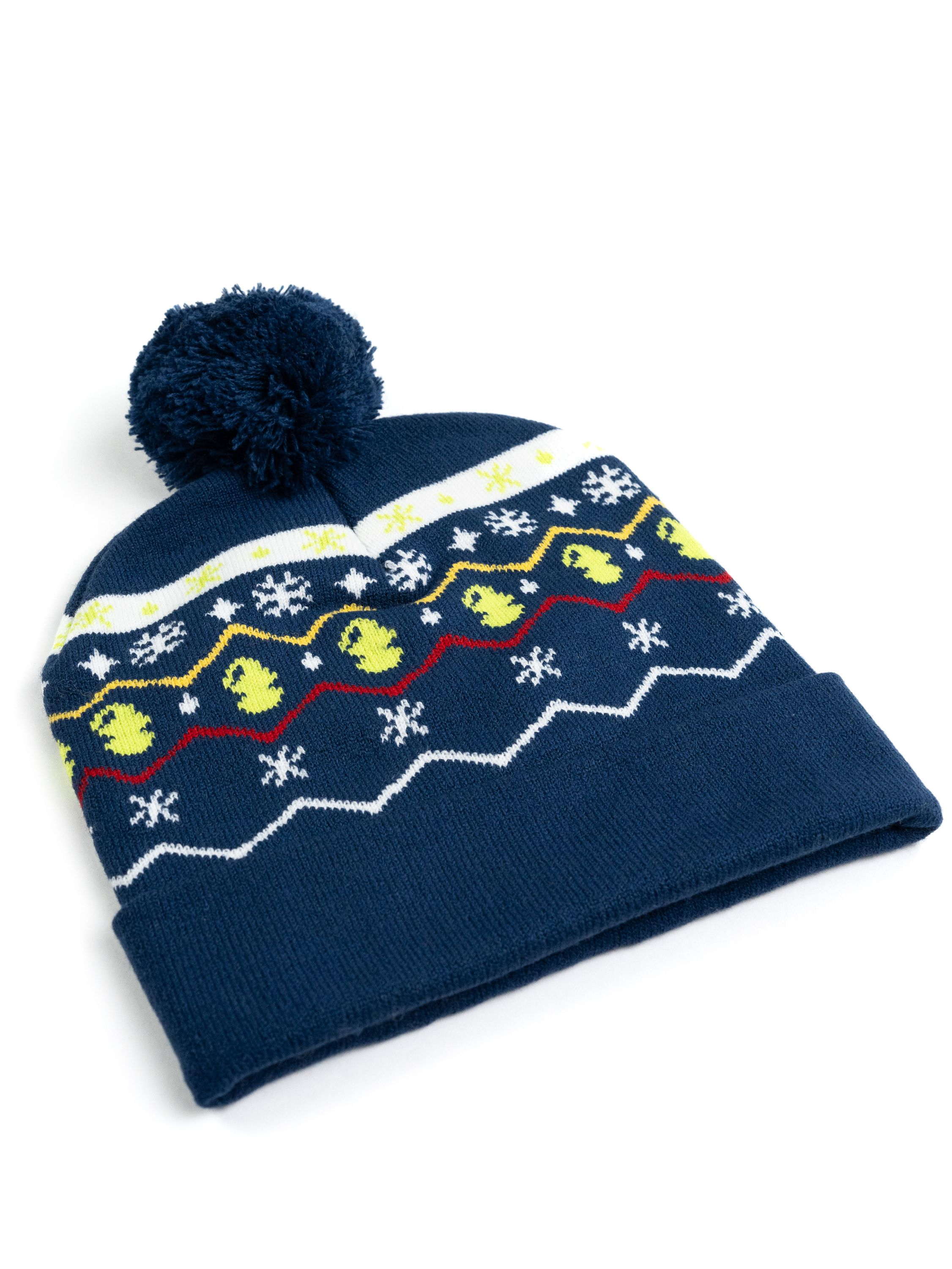 Marineblaue Mütze mit Schneeflocken und Grinch-Design, Bommel oben.