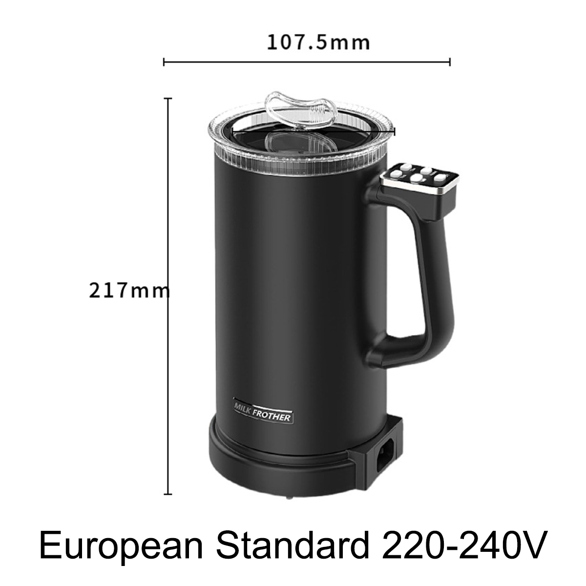 Schwarzer Milchaufschäumer mit Abmessungen und europäischem Standard 220-240V.
