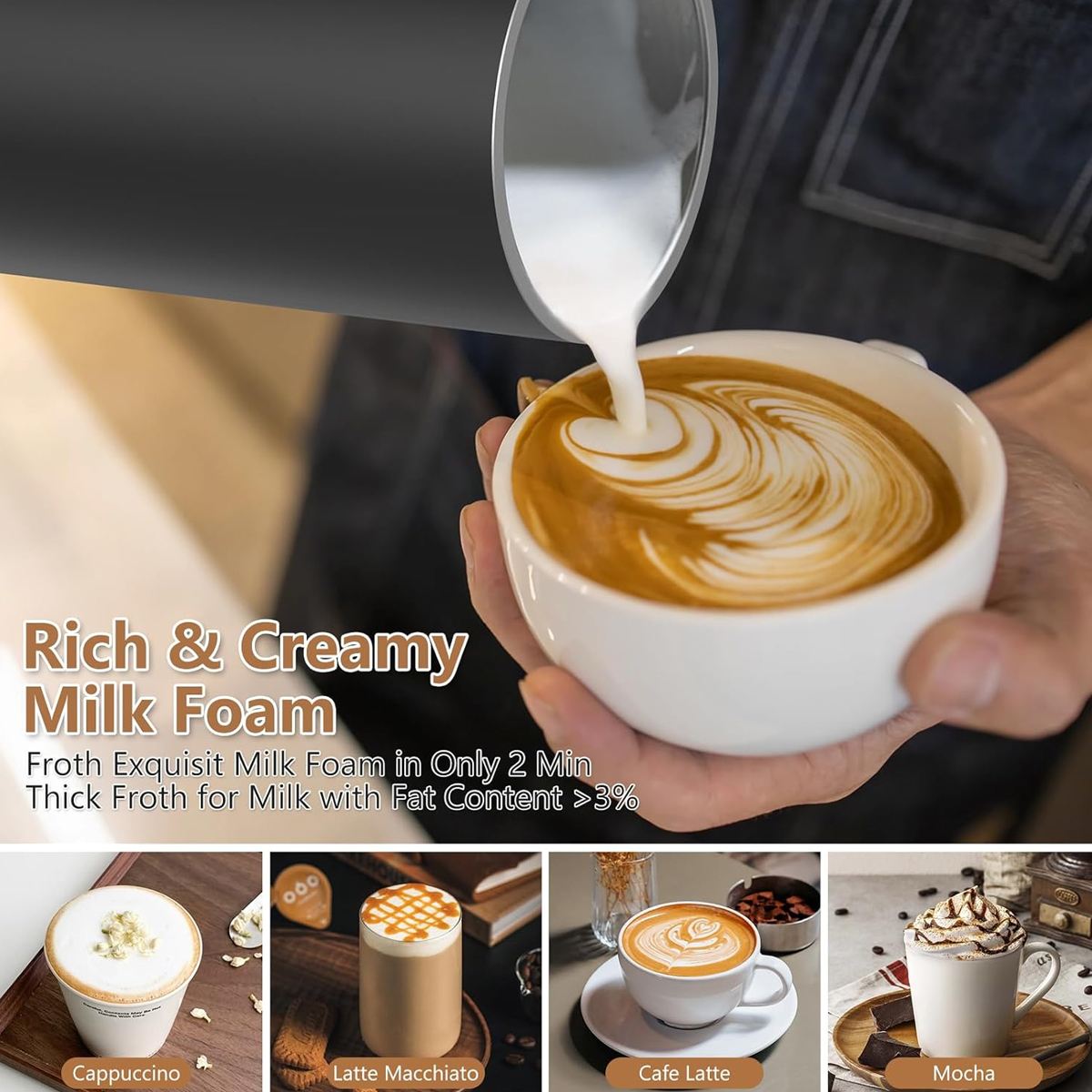 Milch wird in eine Tasse gegossen, mehrere Kaffeegetränke werden unten gezeigt.
