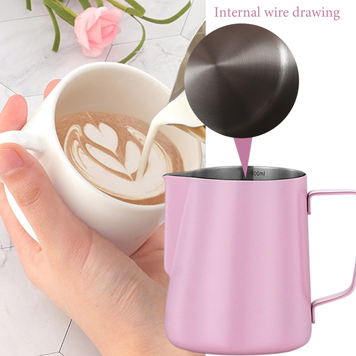 Rosa Kanne gießt Milch in eine Tasse Latte Art, Nahaufnahme des Stahlinneren.