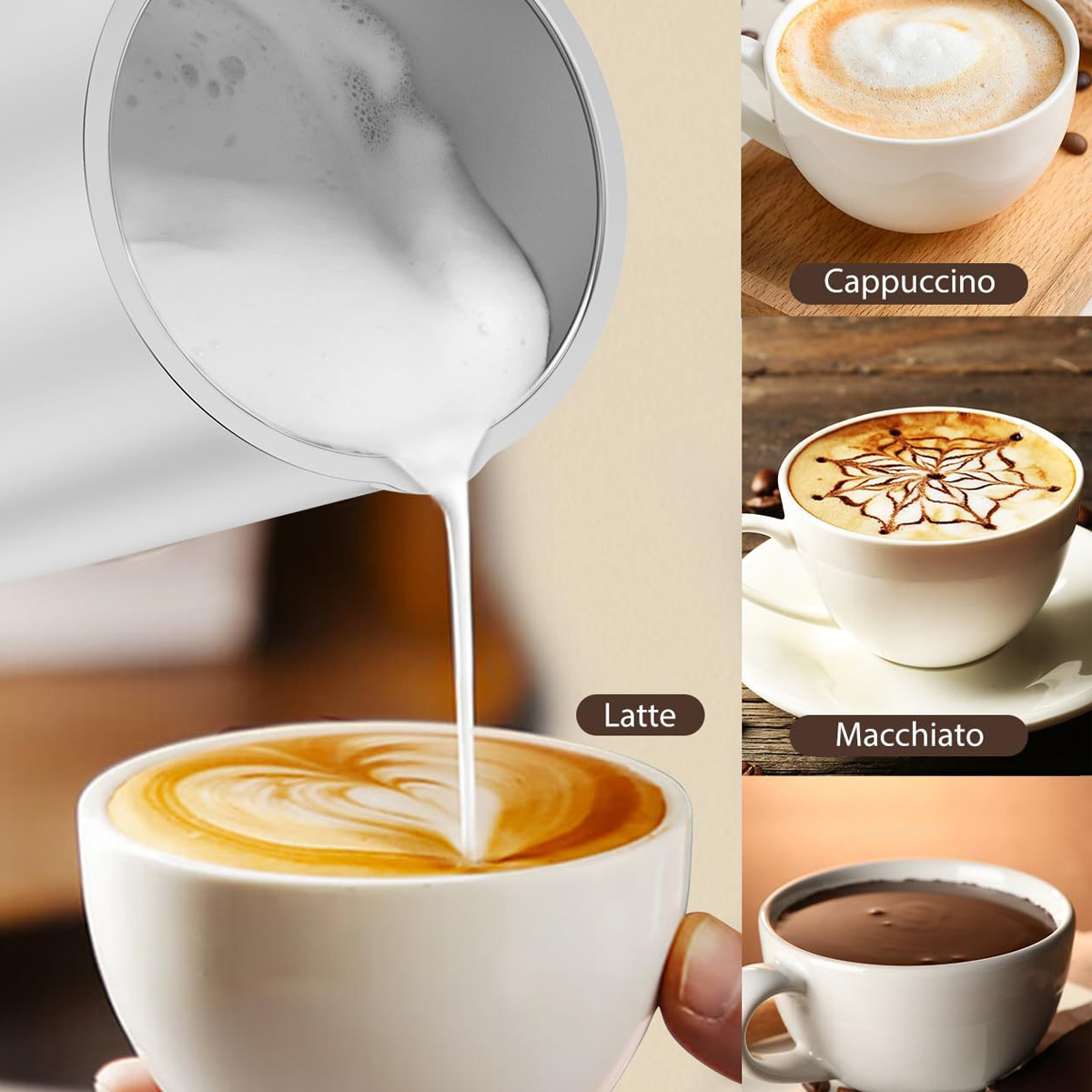 Kaffee mit Latte Art, Cappuccino und Macchiato. Verschiedene Kaffeesorten.