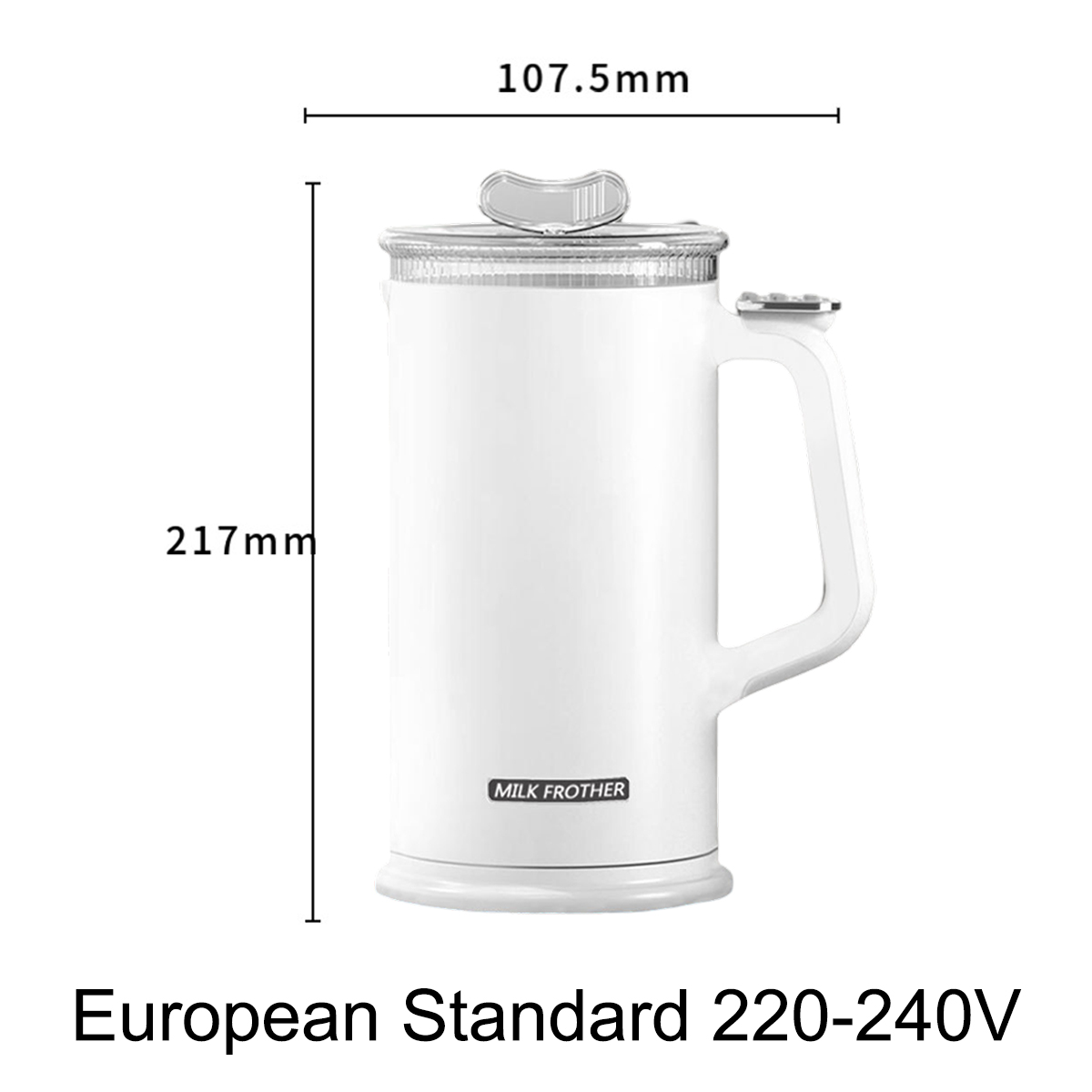 Weißer elektrischer Milchaufschäumer mit Abmessungen. Text: Europäischer Standard 220-240V.