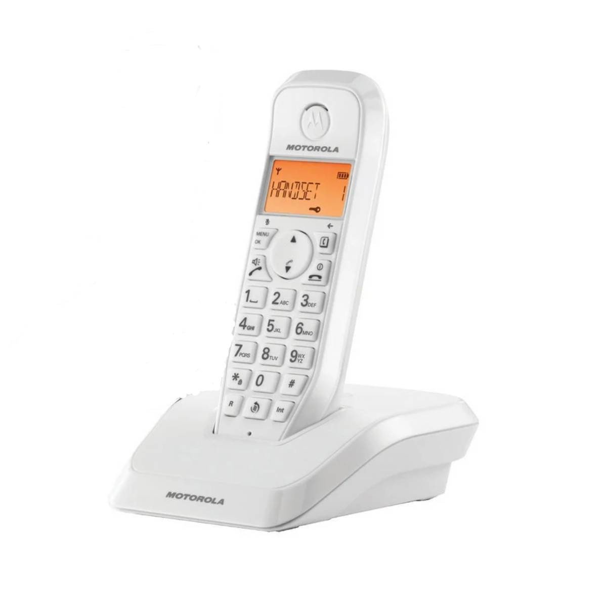 Teléfono inalámbrico Motorola blanco sobre una base. El teléfono tiene una pantalla pequeña y un teclado. Fondo blanco.