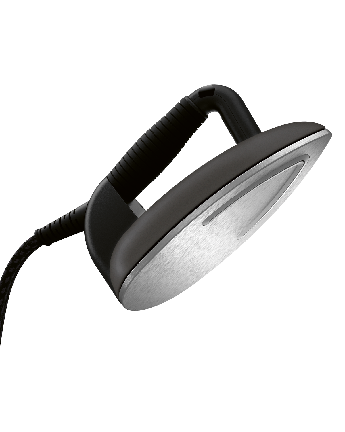 Black iron with a silver base. Black handle and cord. White background.