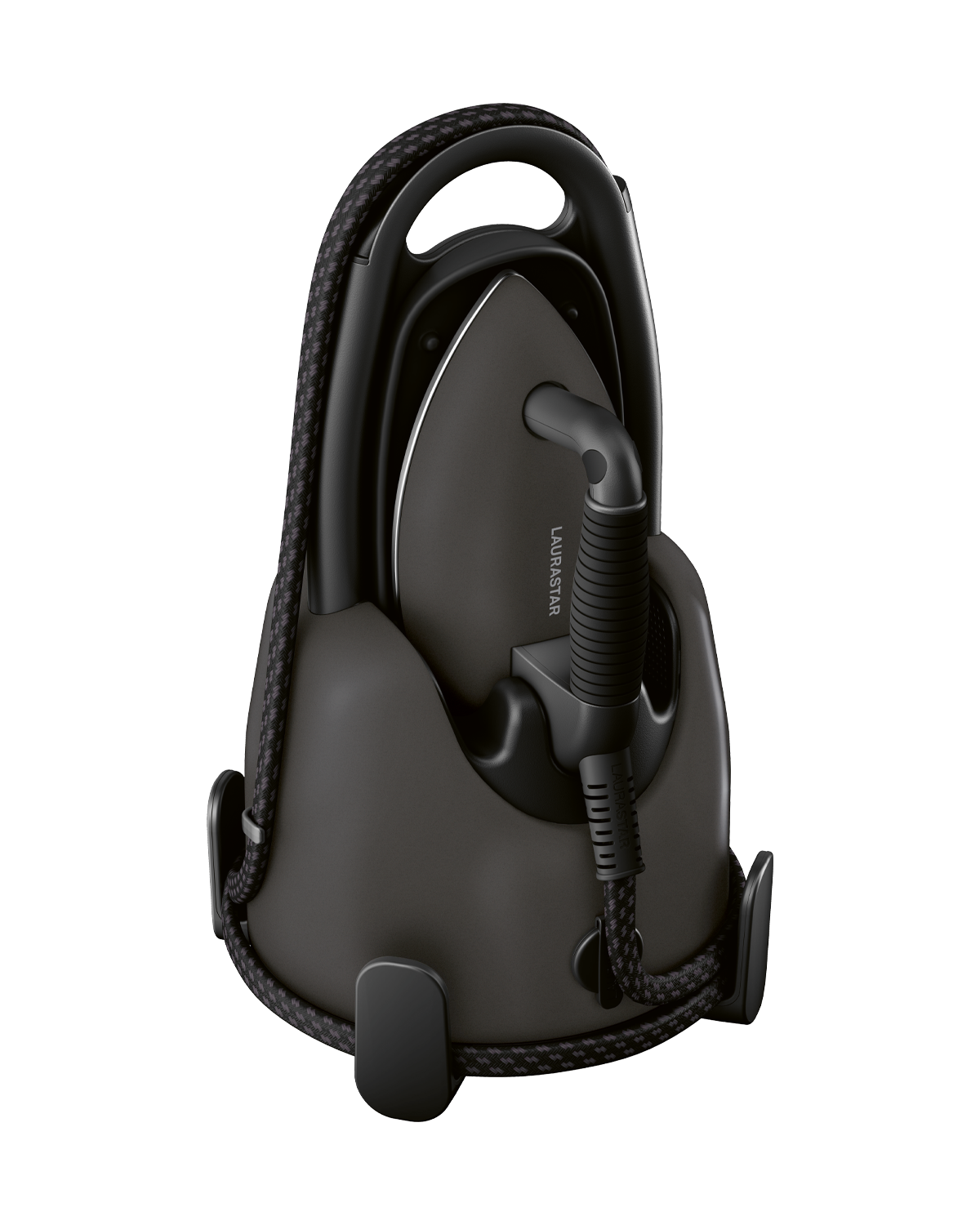 Black Laurastar iron in a stand. Black details. White background.