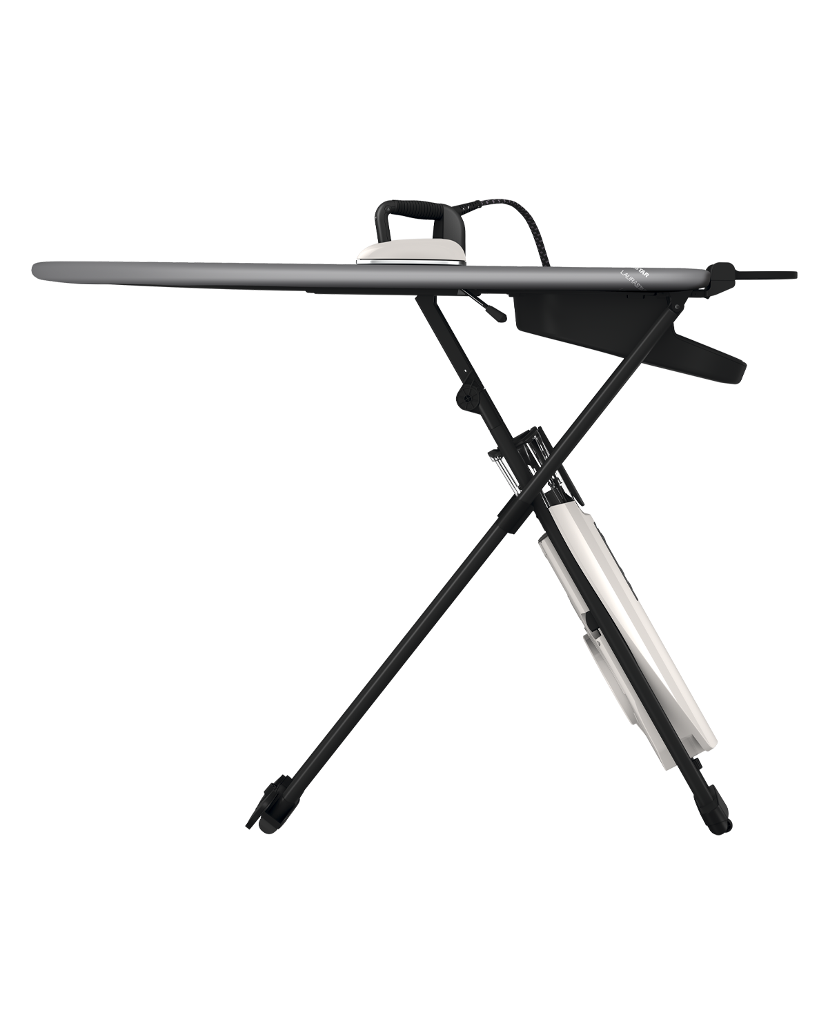 Ironing board with an iron. The board is gray, the iron is white and black. The legs are black.