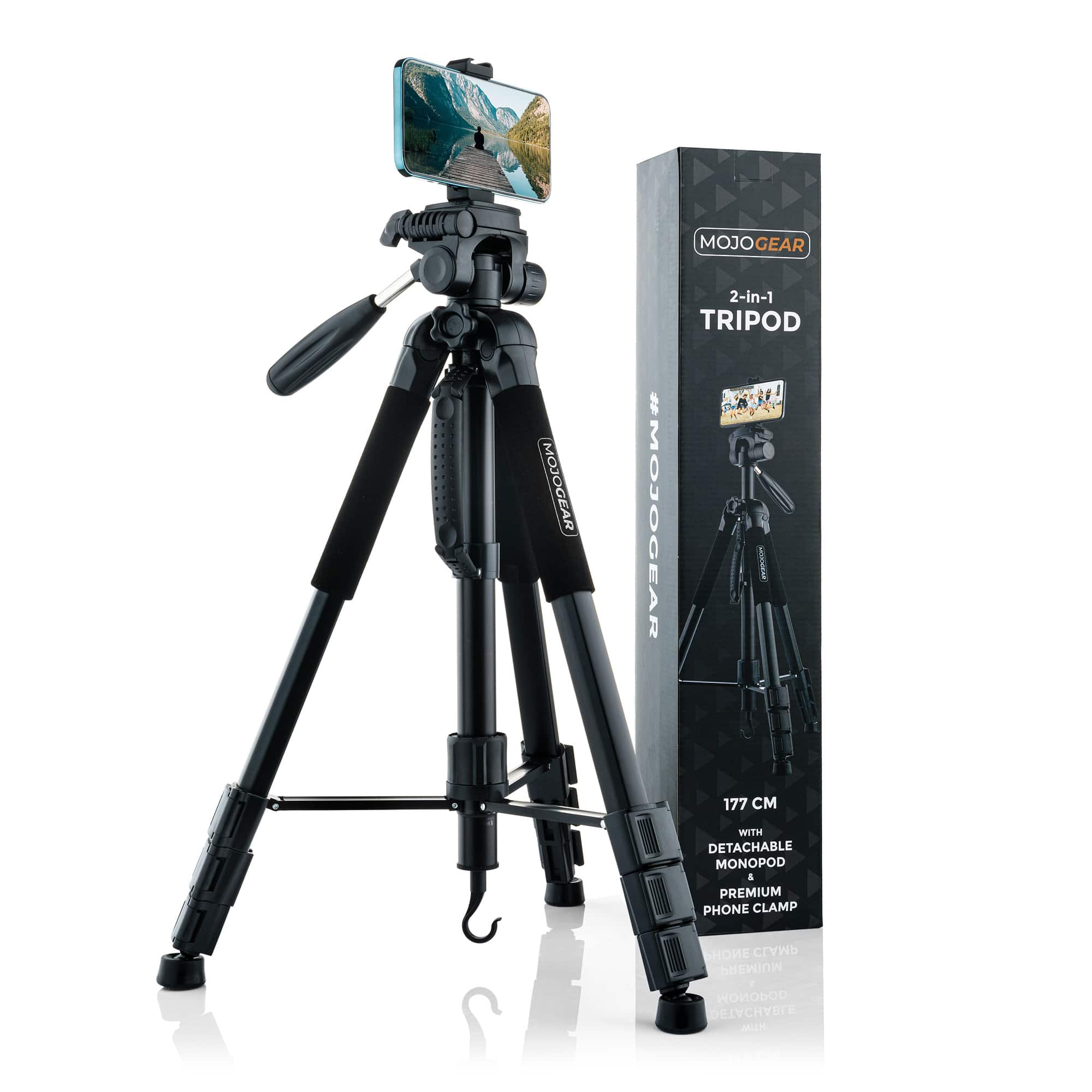 Black tripod with a phone mounted on top, and a box with tripod image. The tripod is 177cm.