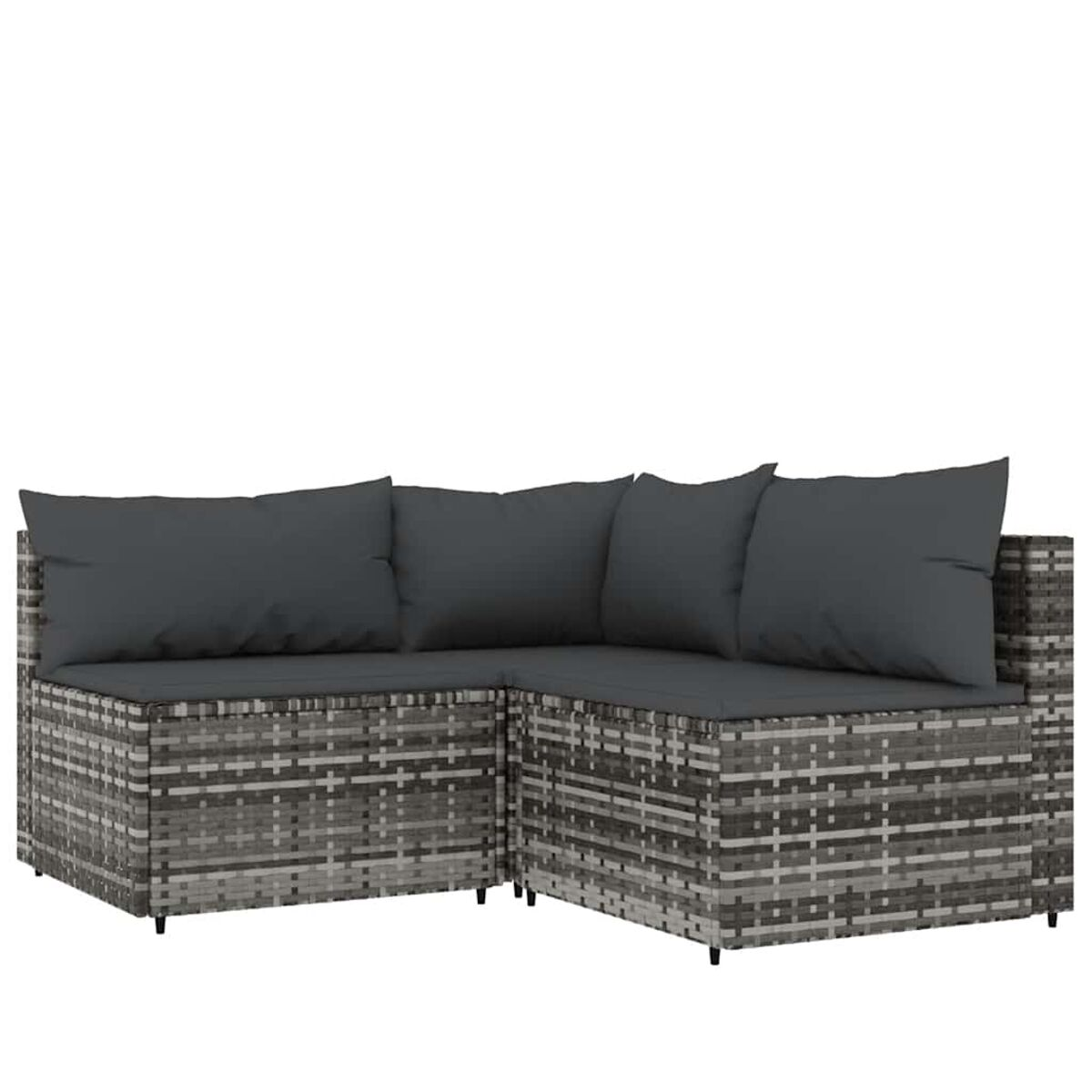 L-förmiges graues Outdoor-Wicker-Sofa mit drei Kissen. Es hat eine gewebte Textur und schwarze Beine.
