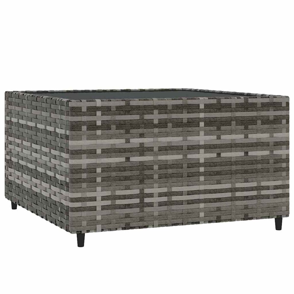 Grauer Rattan-Couchtisch mit schwarzen Beinen. Quadratische Form auf weißem Hintergrund.
