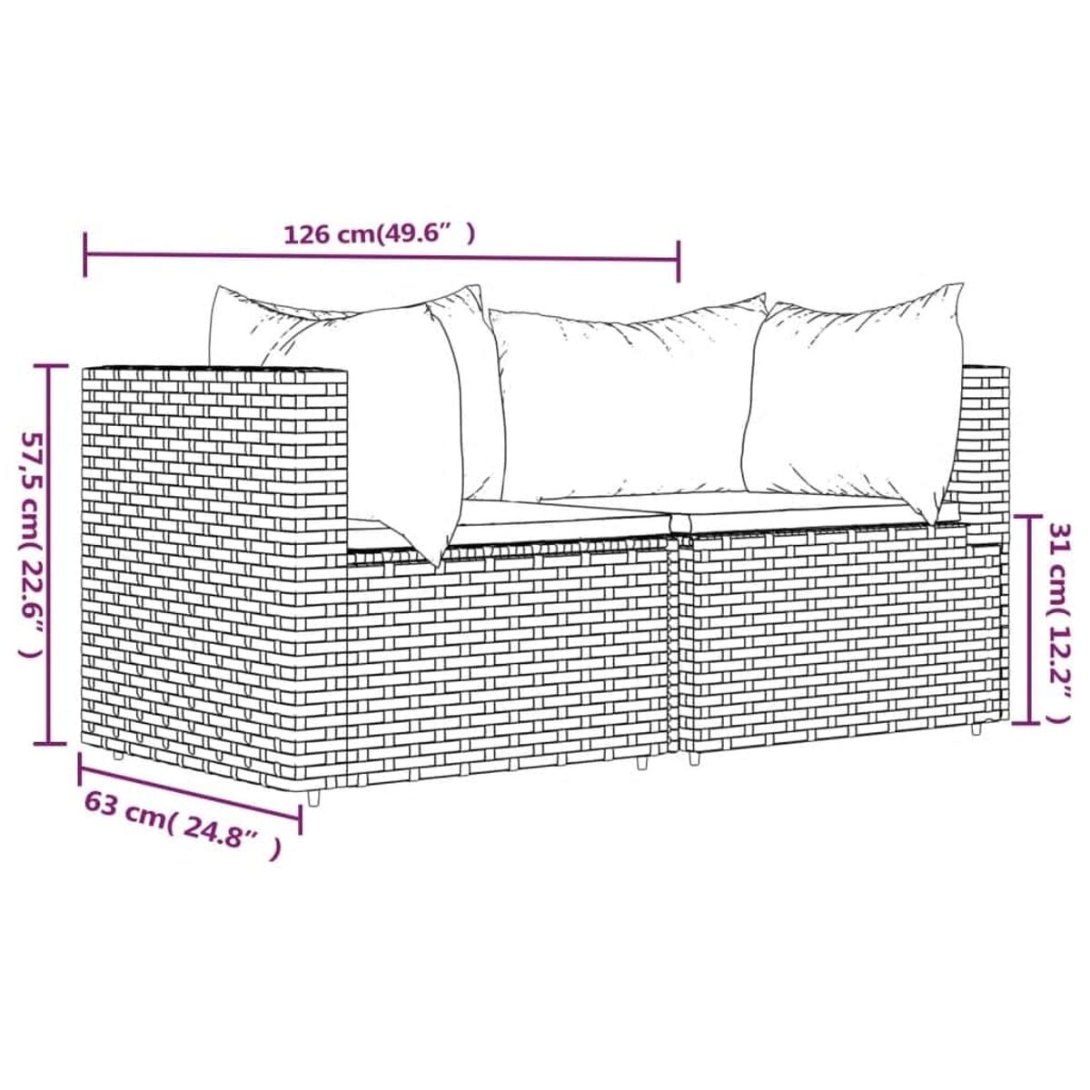 Diagramm eines Rattansofas mit Abmessungen. Länge, Breite und Höhe in cm/Zoll.